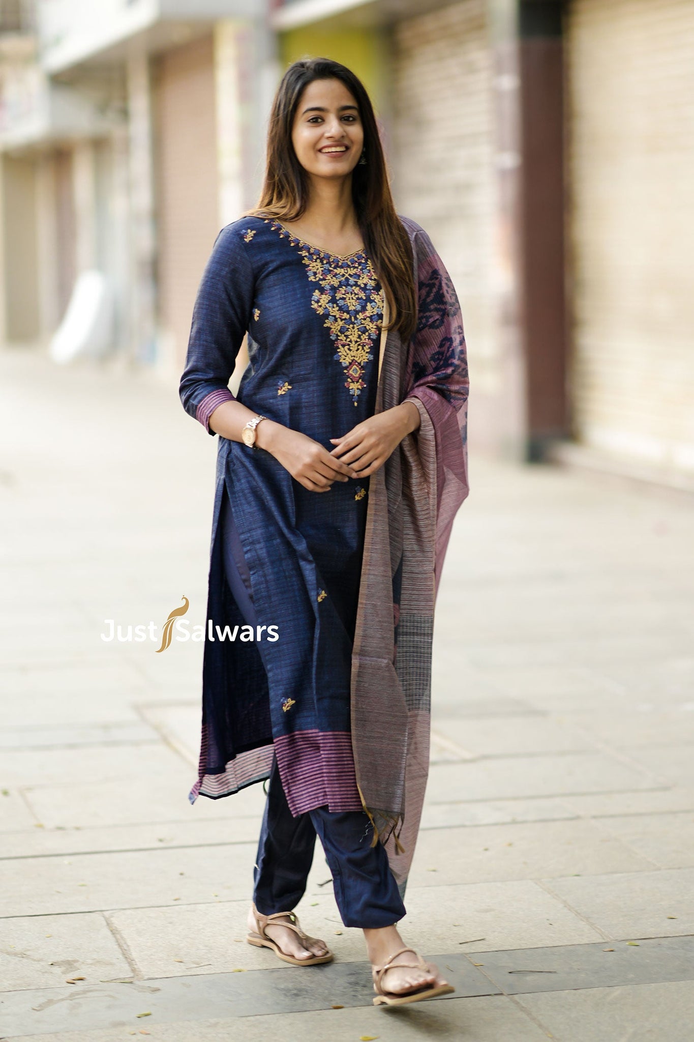 Navy Blue Tussar Silk Readymade Salwar Suit Set – Just Salwars