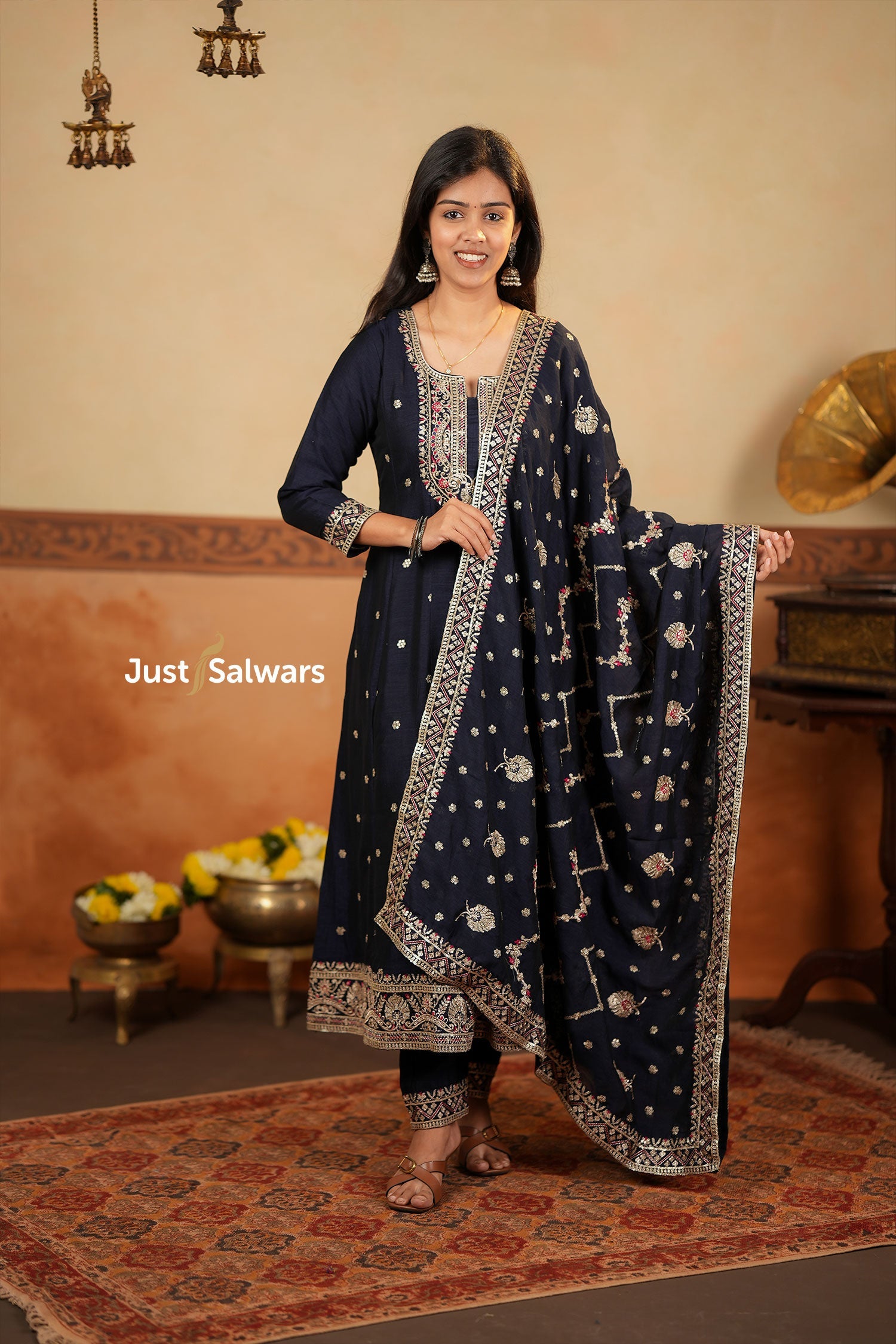 Navy Blue Vichithra Silk Anarkali Suit Set with Heavy Embroidery - Anarkali - Just Salwars