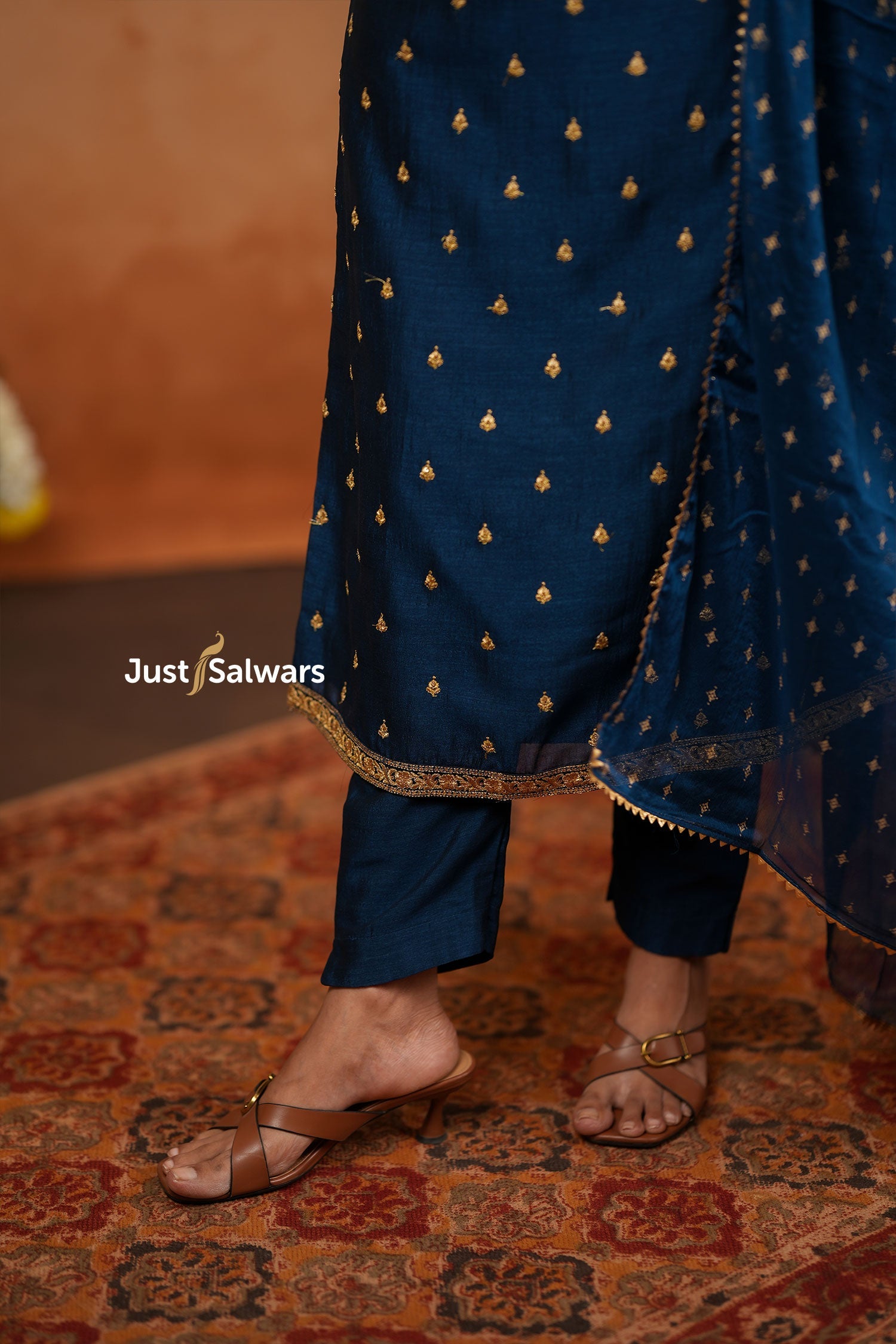 Navy Blue Vichithra Silk Suit Set with Zari Detailing - Salwar Suit - Just Salwars