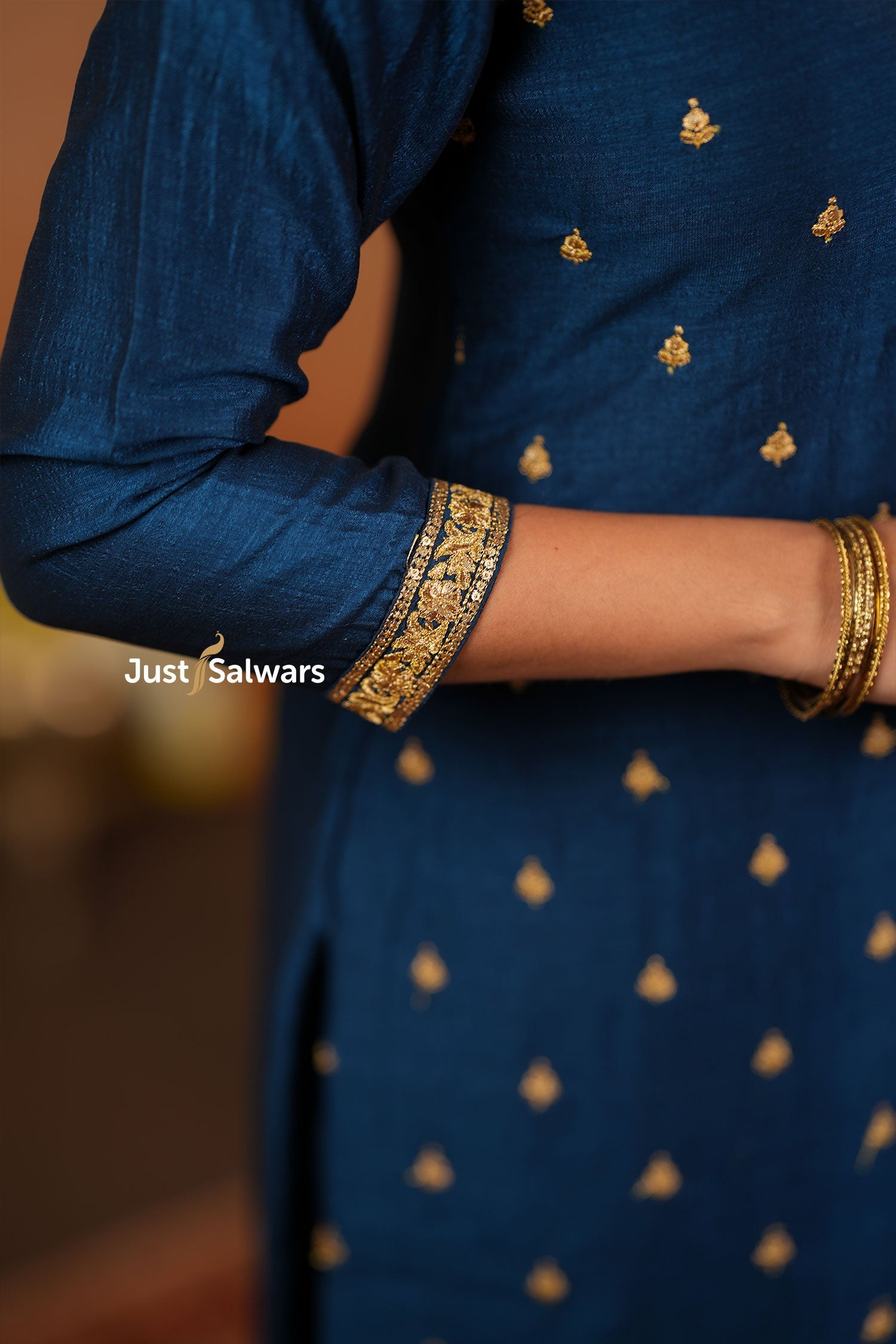Navy Blue Vichithra Silk Suit Set with Zari Detailing - Salwar Suit - Just Salwars