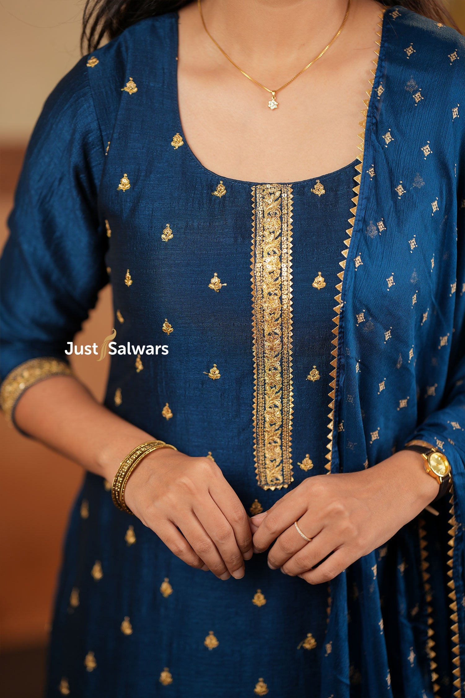 Navy Blue Vichithra Silk Suit Set with Zari Detailing - Salwar Suit - Just Salwars