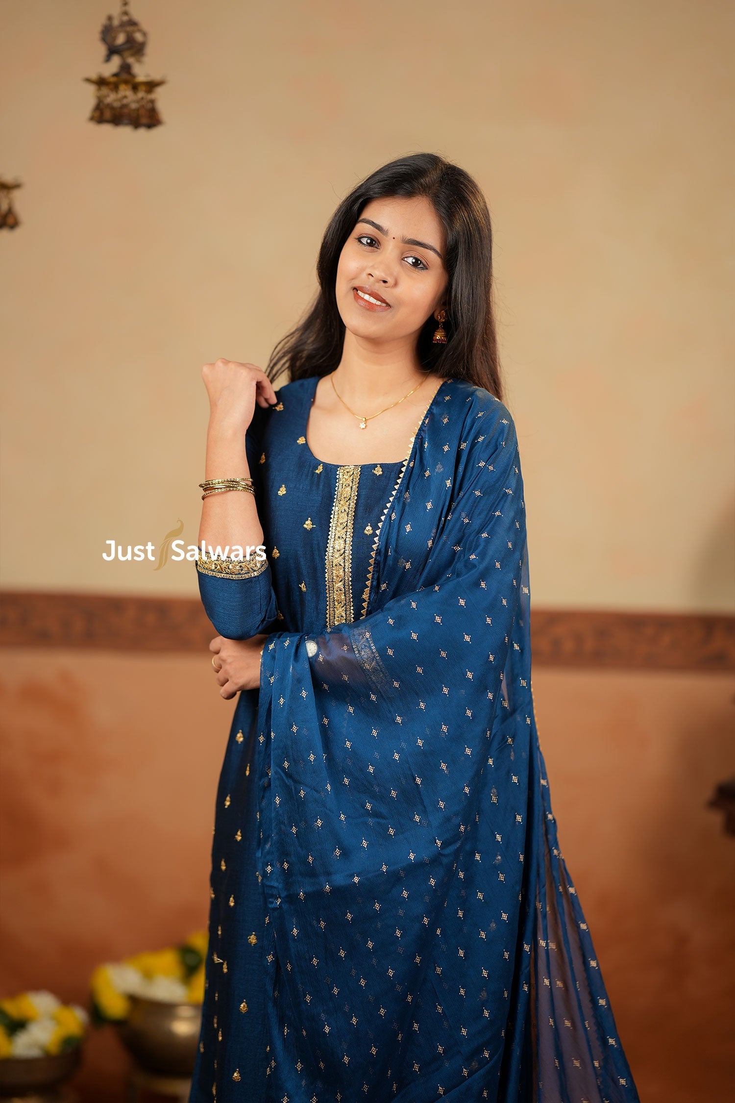 Navy Blue Vichithra Silk Suit Set with Zari Detailing - Salwar Suit - Just Salwars