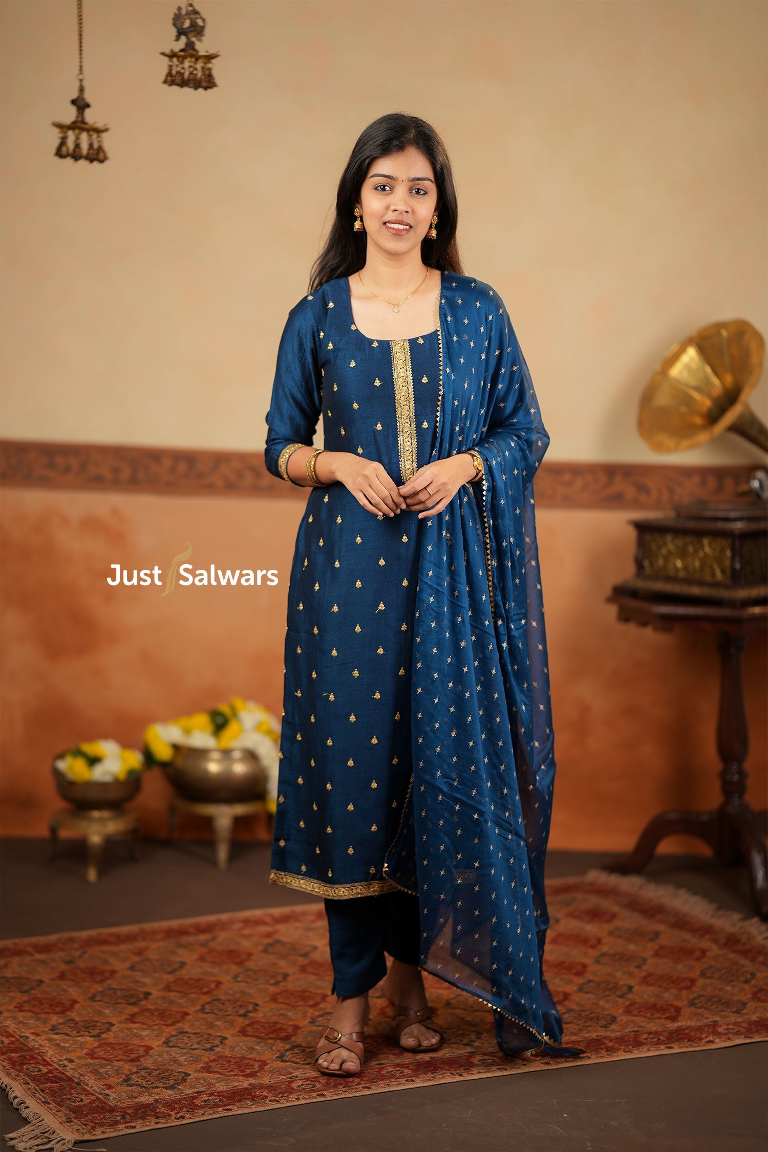 Navy Blue Vichithra Silk Suit Set with Zari Detailing - Salwar Suit - Just Salwars