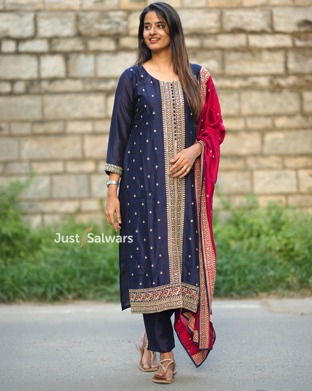 Navy Blue Vichithra Silk Suit with Maroon Dupatta - Salwar Suit - Just Salwars