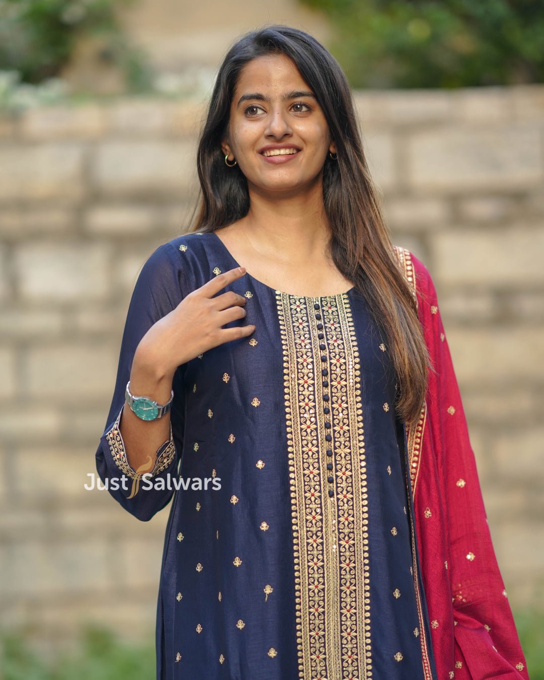 Navy Blue Vichithra Silk Suit with Maroon Dupatta - Salwar Suit - Just Salwars