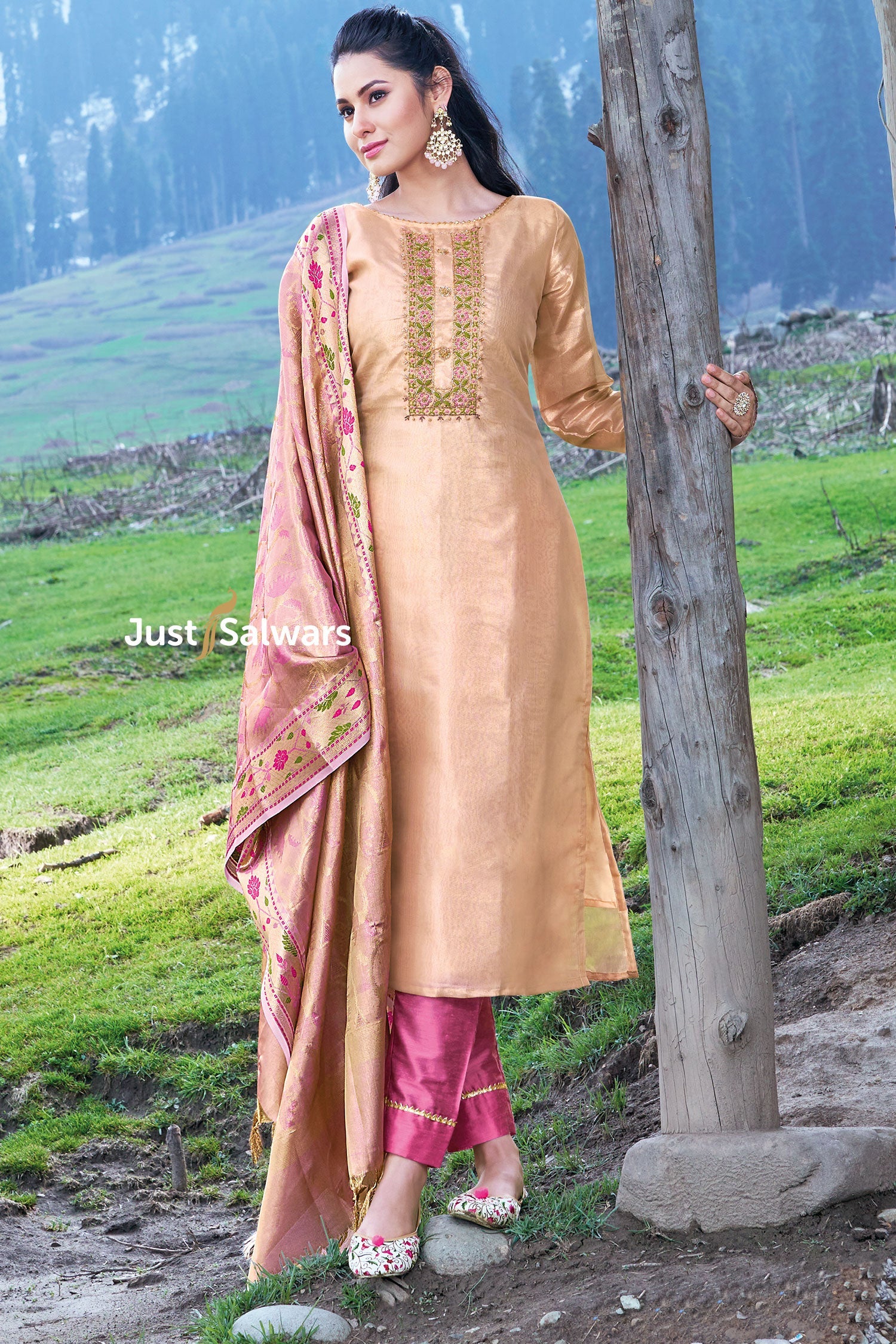 Peach Color Tissue Dress Material - Dress Material - Just Salwars