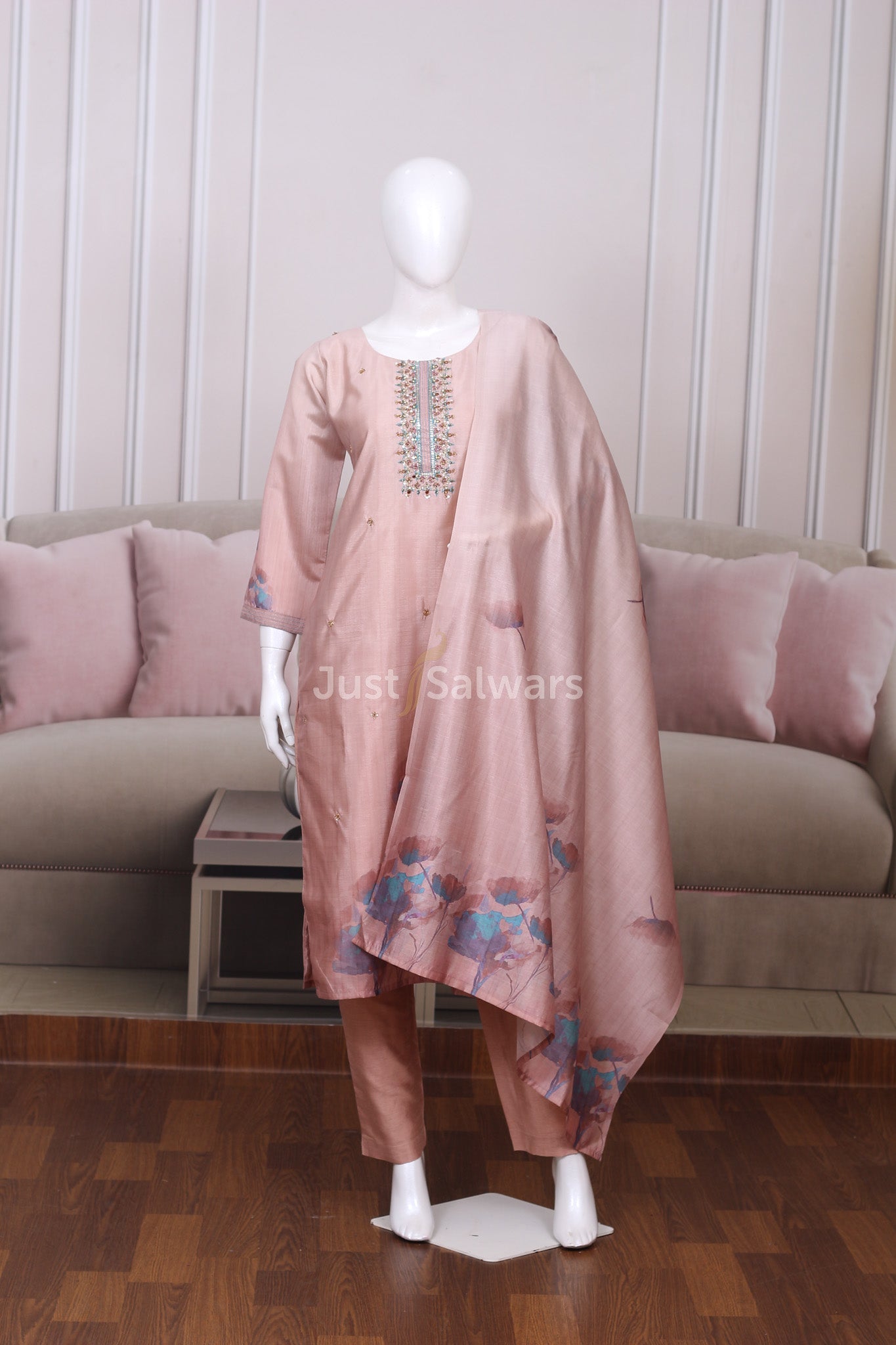 Peach Colour Silk Cotton Straight Cut Salwar Suit - Salwar Suit - Just Salwars