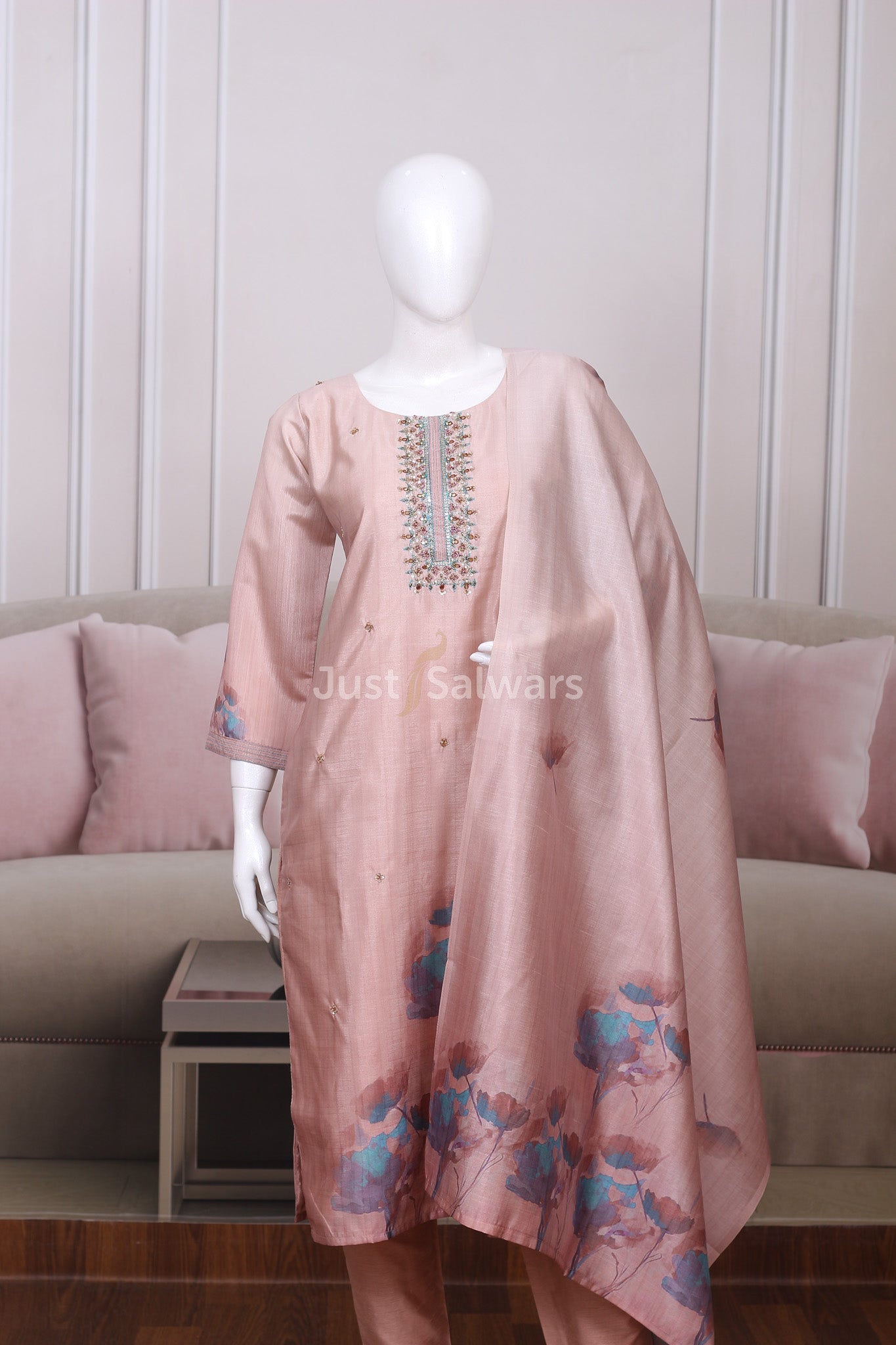 Peach Colour Silk Cotton Straight Cut Salwar Suit - Salwar Suit - Just Salwars