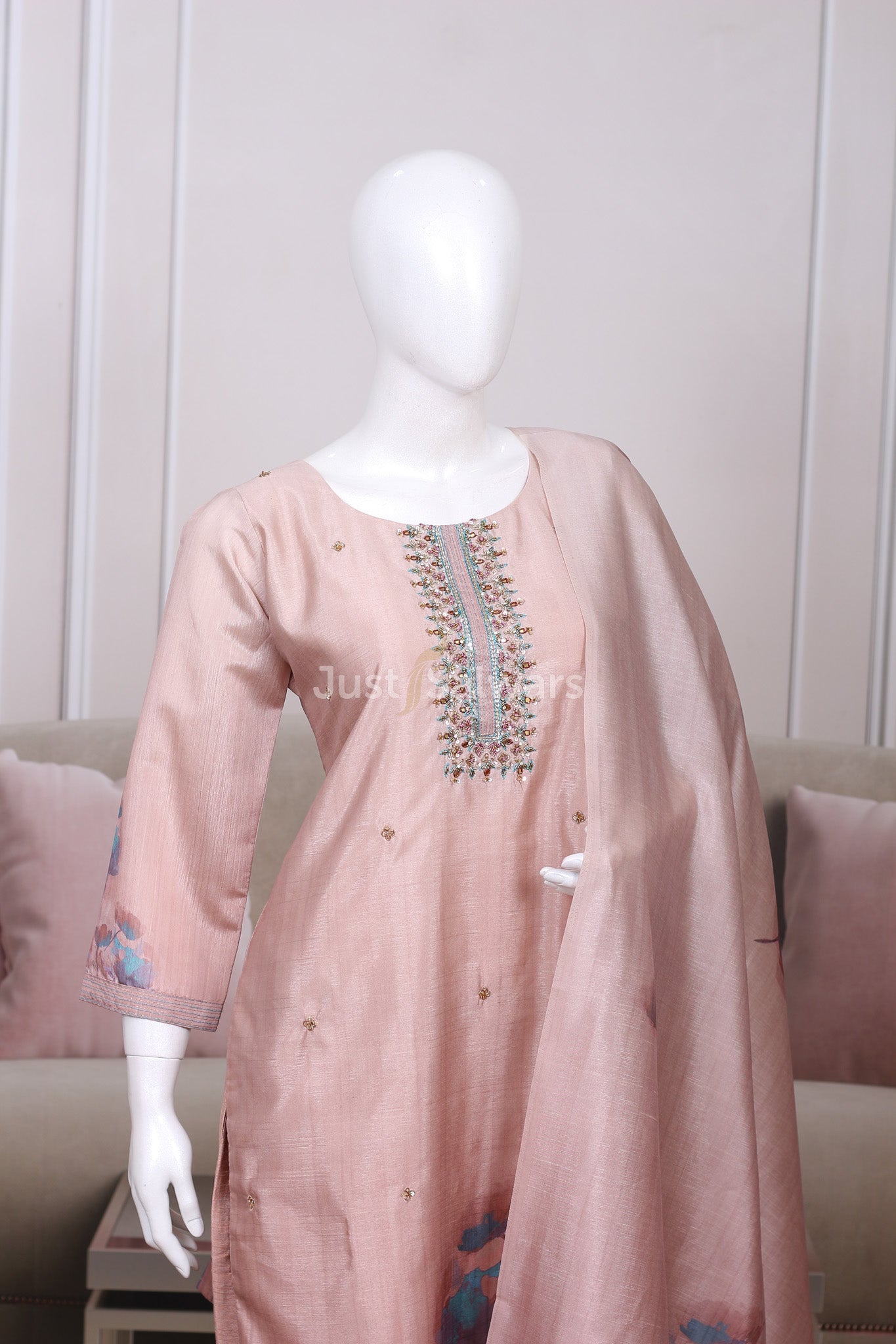 Peach Colour Silk Cotton Straight Cut Salwar Suit - Salwar Suit - Just Salwars