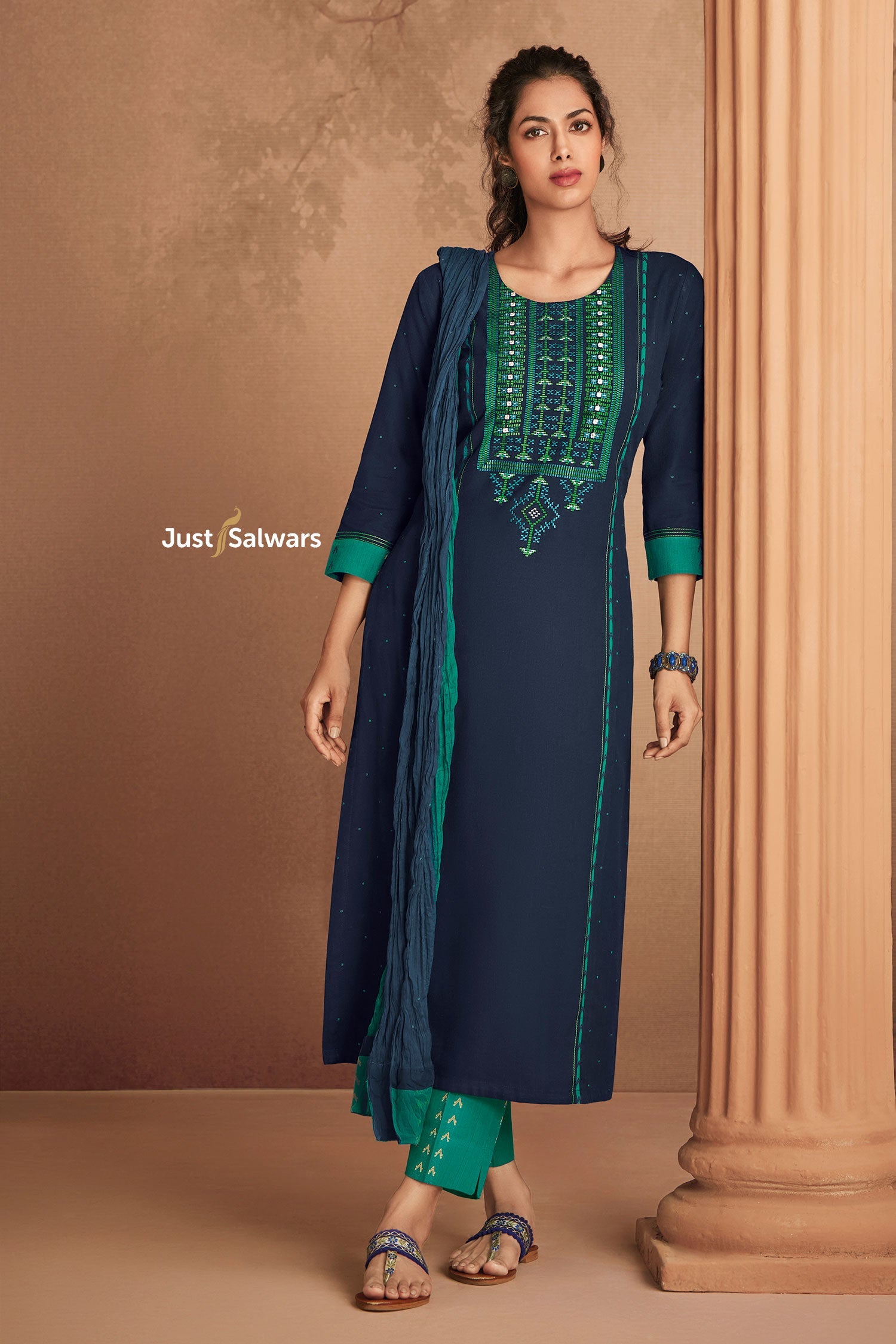 Peacock Blue Salwar Kameez with Dupatta - Salwar Suit - Just Salwars