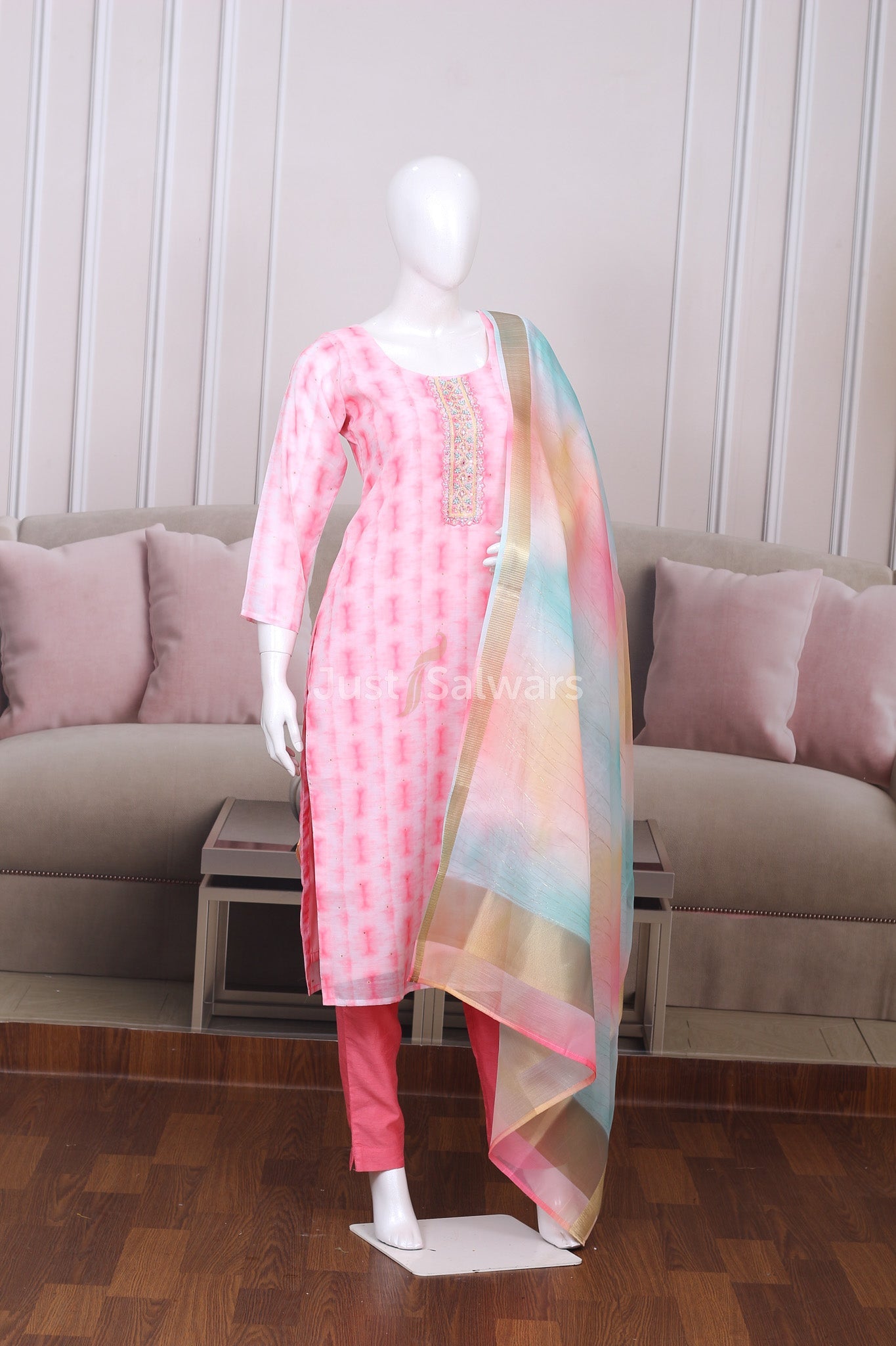 Pink Colour Silk Cotton Straight Cut Salwar Suit - Salwar Suit - Just Salwars