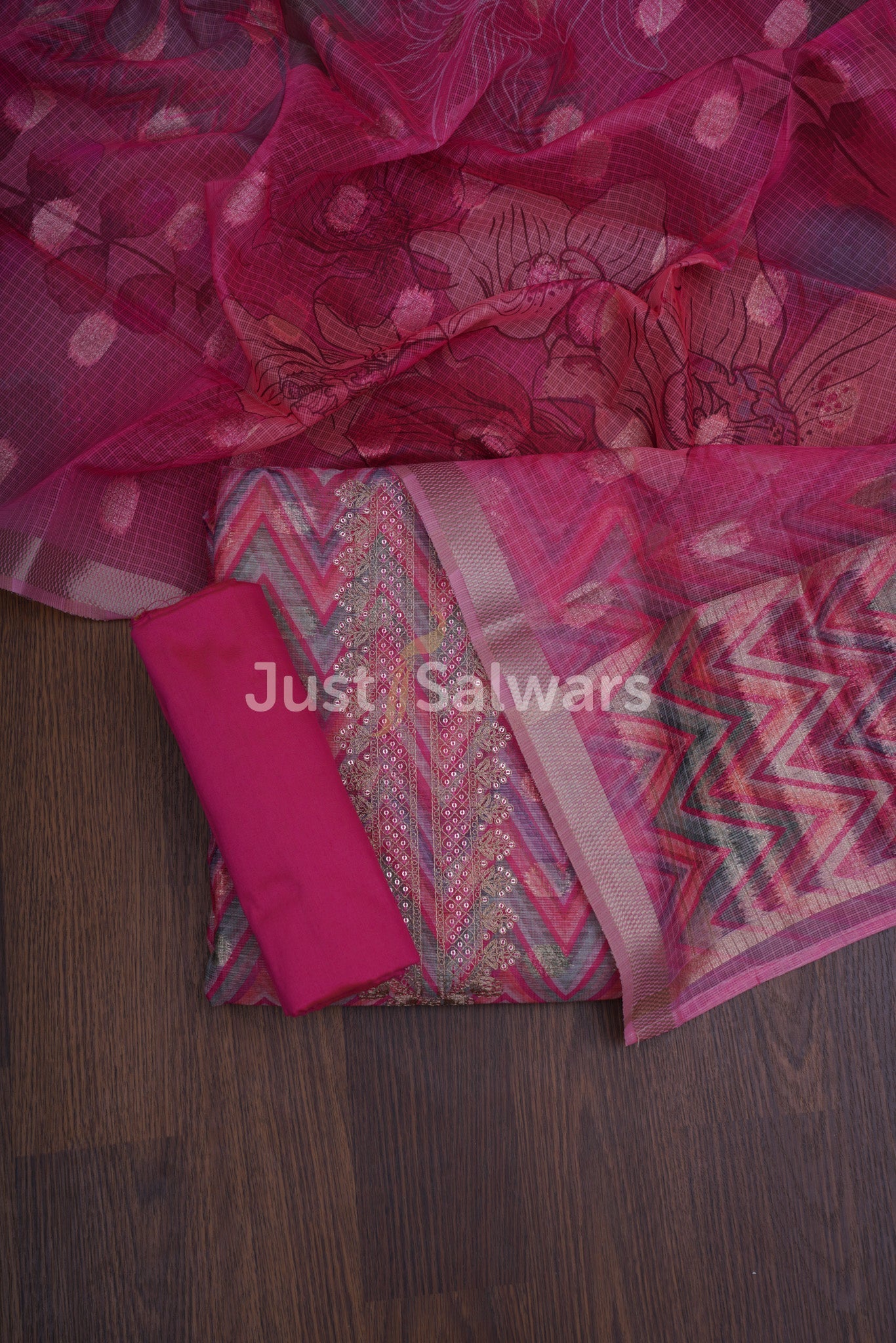 Pink Colour Tissue Silk Unstitched Dress Material - Dress Material - Just Salwars