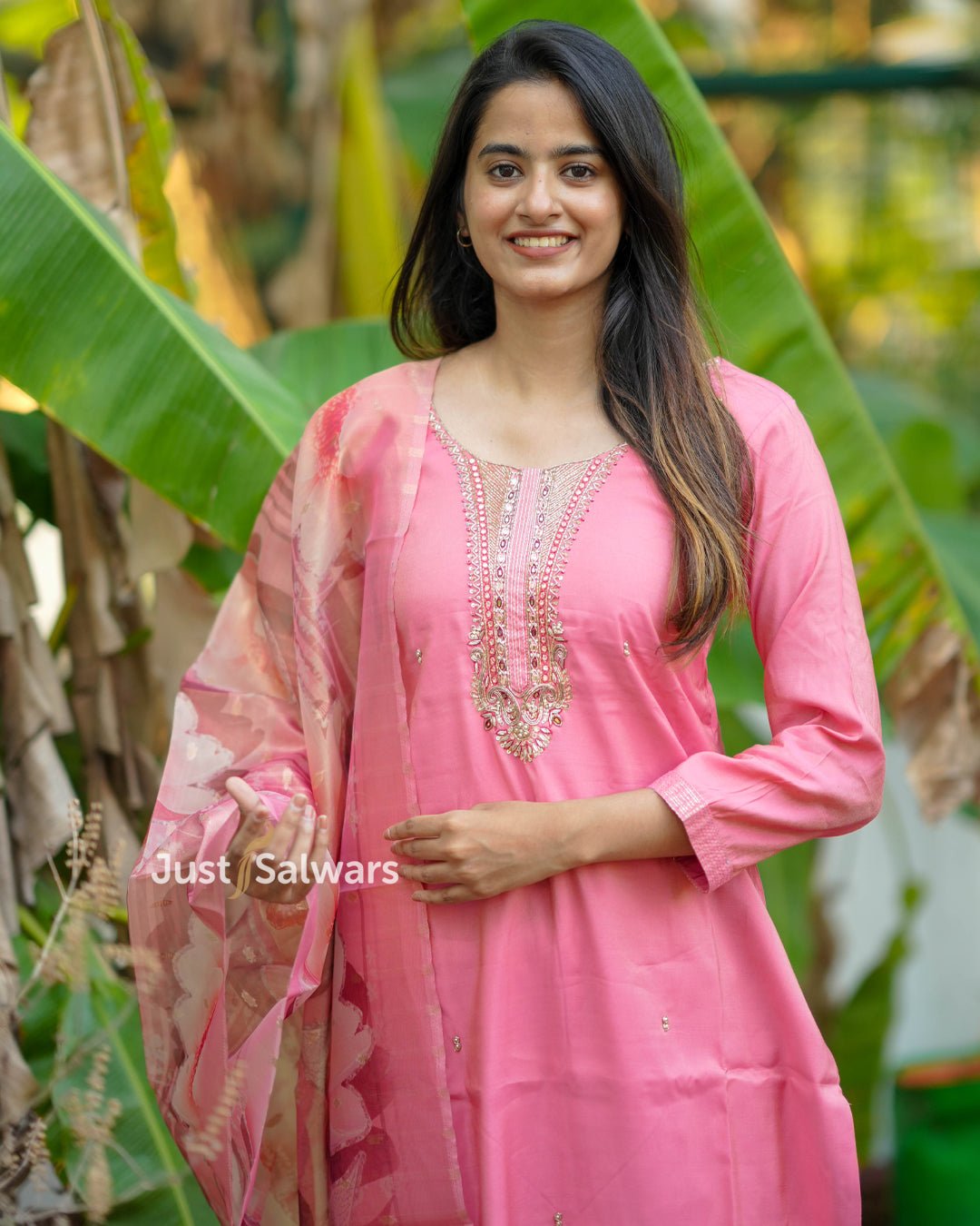 Pink Silk Cotton Suit with Embroidered Neckline and Floral Dupatta - Salwar Suit - Just Salwars