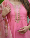 Pink Silk Cotton Suit with Embroidered Neckline and Floral Dupatta - Salwar Suit - Just Salwars