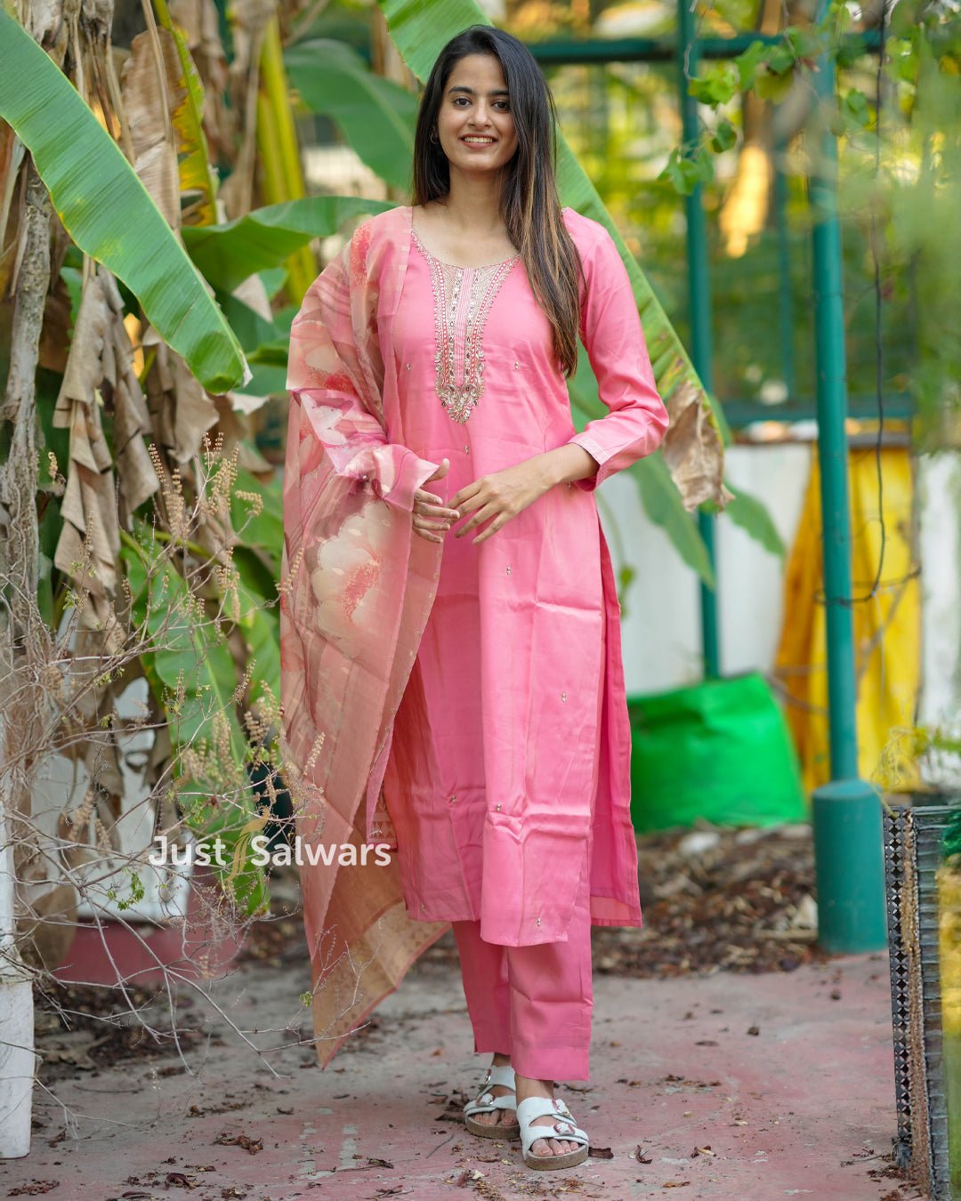 Pink Silk Cotton Suit with Embroidered Neckline and Floral Dupatta - Salwar Suit - Just Salwars
