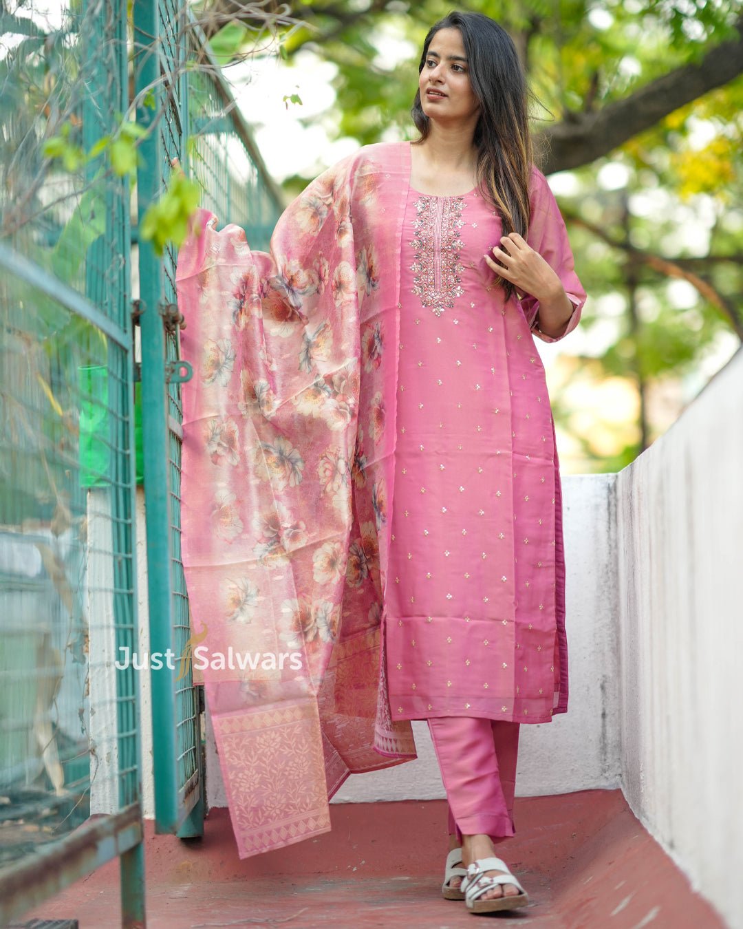 Pink Silk Cotton Suit with Sequin Embroidery and Floral Dupatta - Salwar Suit - Just Salwars