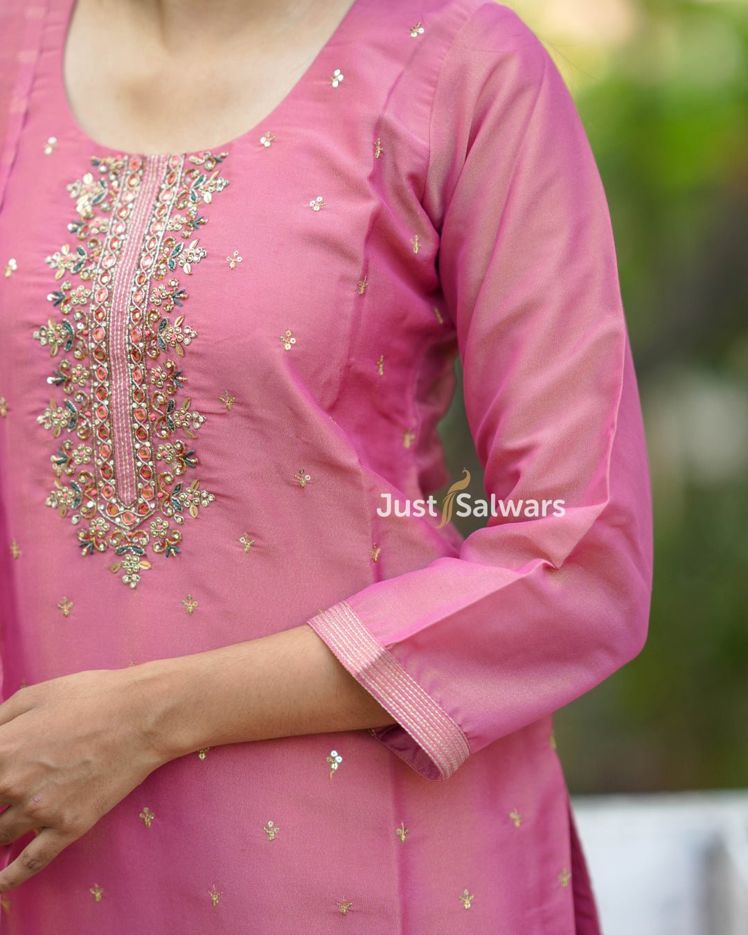 Pink Silk Cotton Suit with Sequin Embroidery and Floral Dupatta - Salwar Suit - Just Salwars