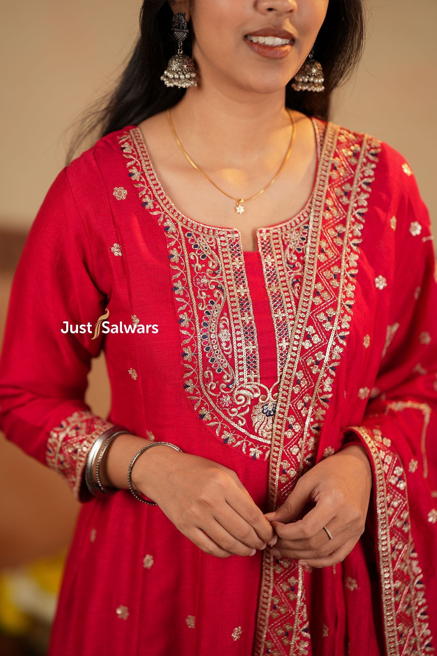Pink Vichithra Silk Anarkali Suit Set with Mirror & Thread Embroidery - Anarkali - Just Salwars