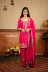 Pink Vichithra Silk Suit Set with Antique Gold Embroidery - Salwar Suit - Just Salwars