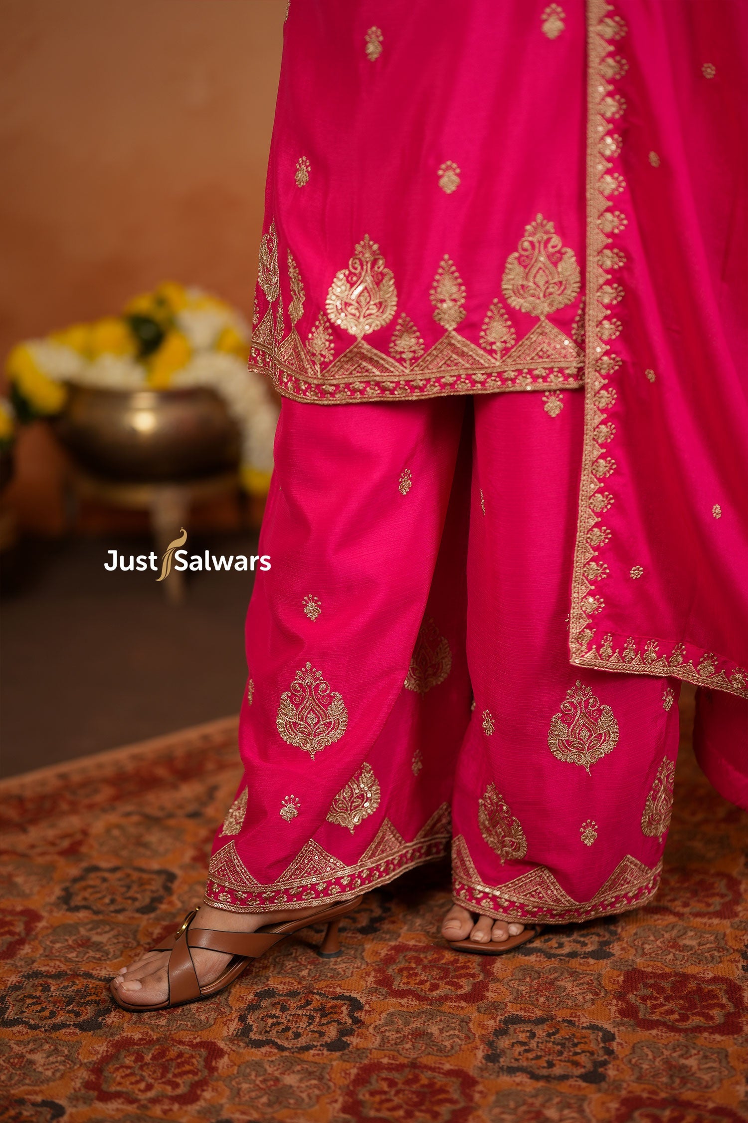 Pink Vichithra Silk Suit Set with Antique Gold Embroidery - Salwar Suit - Just Salwars