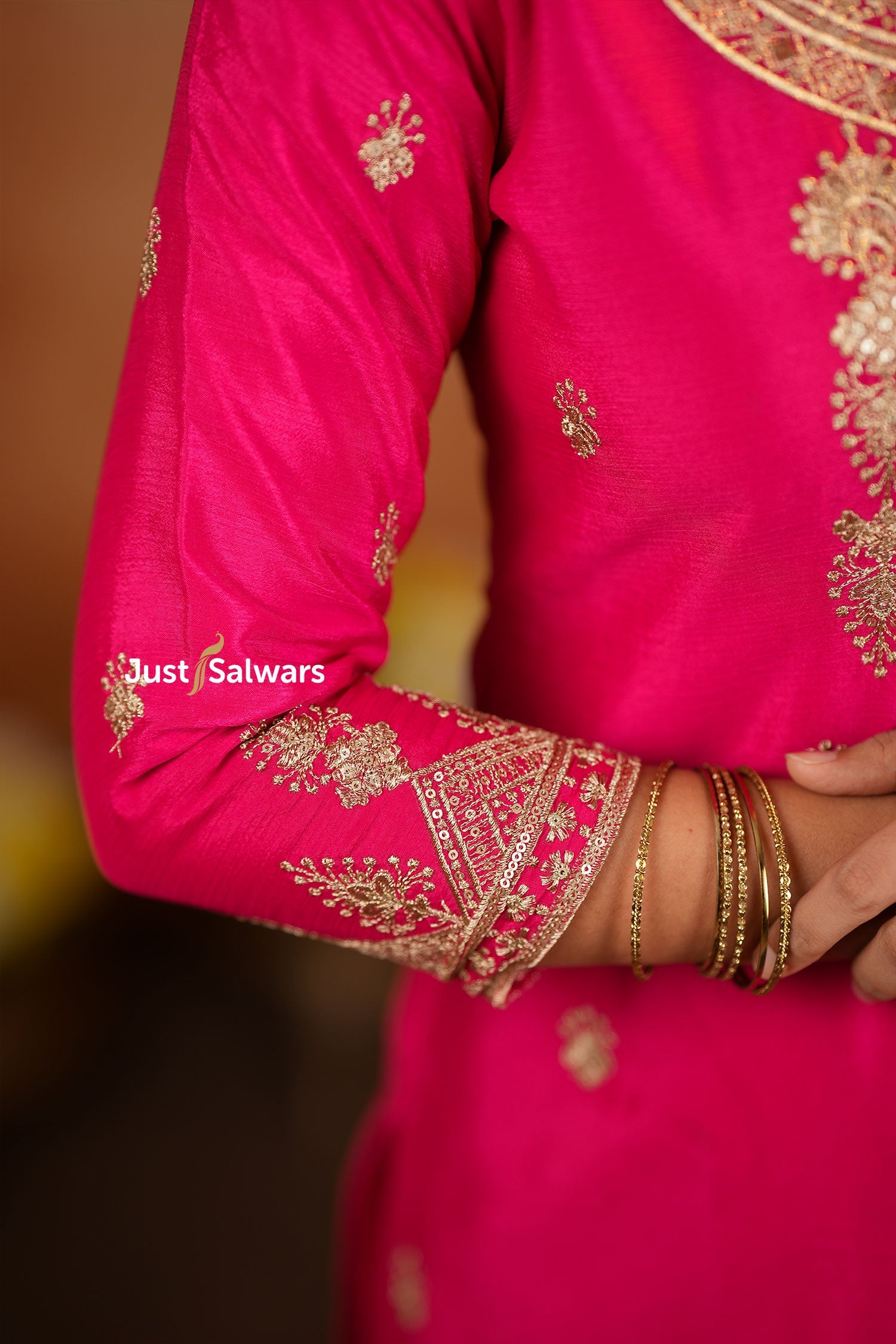 Pink Vichithra Silk Suit Set with Antique Gold Embroidery - Salwar Suit - Just Salwars