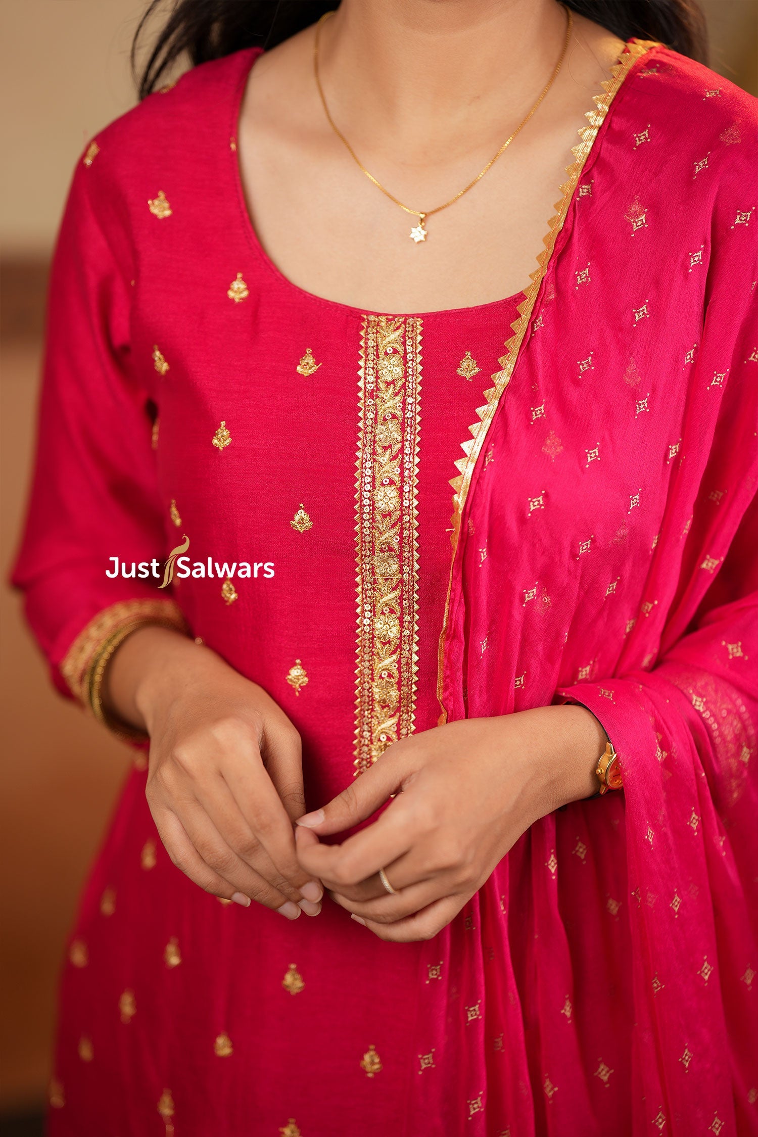 Pink Vichithra Silk Suit Set with Zari Embroidery - Salwar Suit - Just Salwars