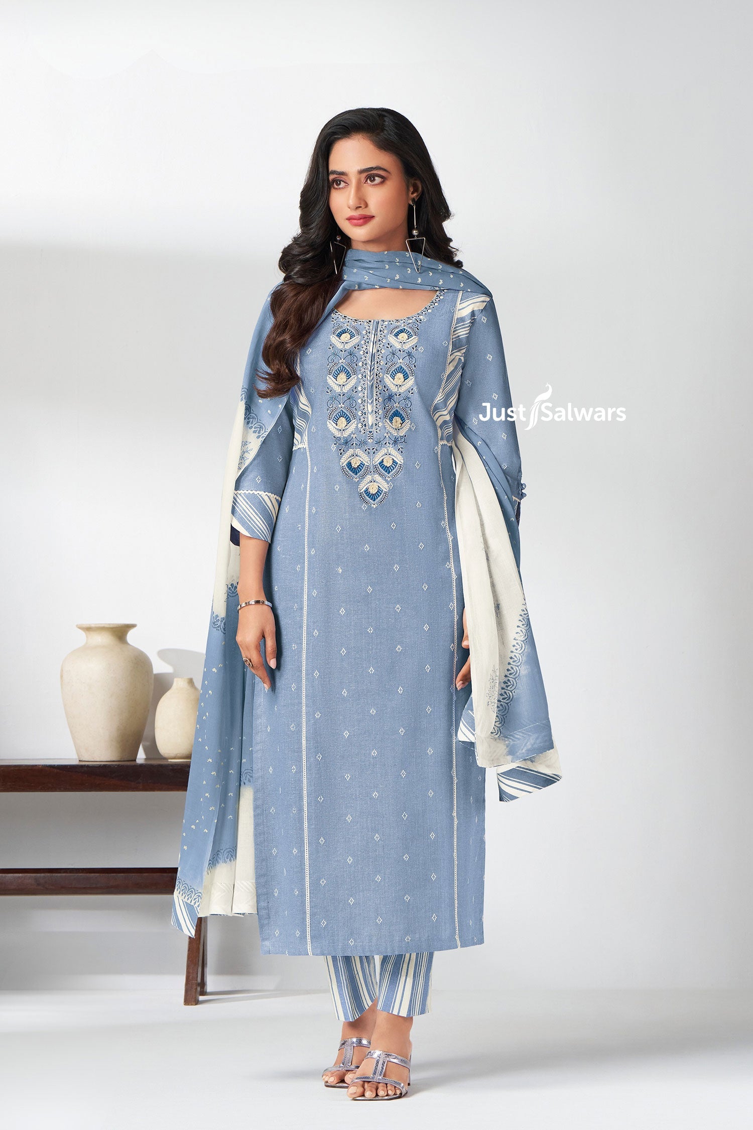 Powder Blue Cotton Salwar Suit Set - Salwar Suit - Just Salwars