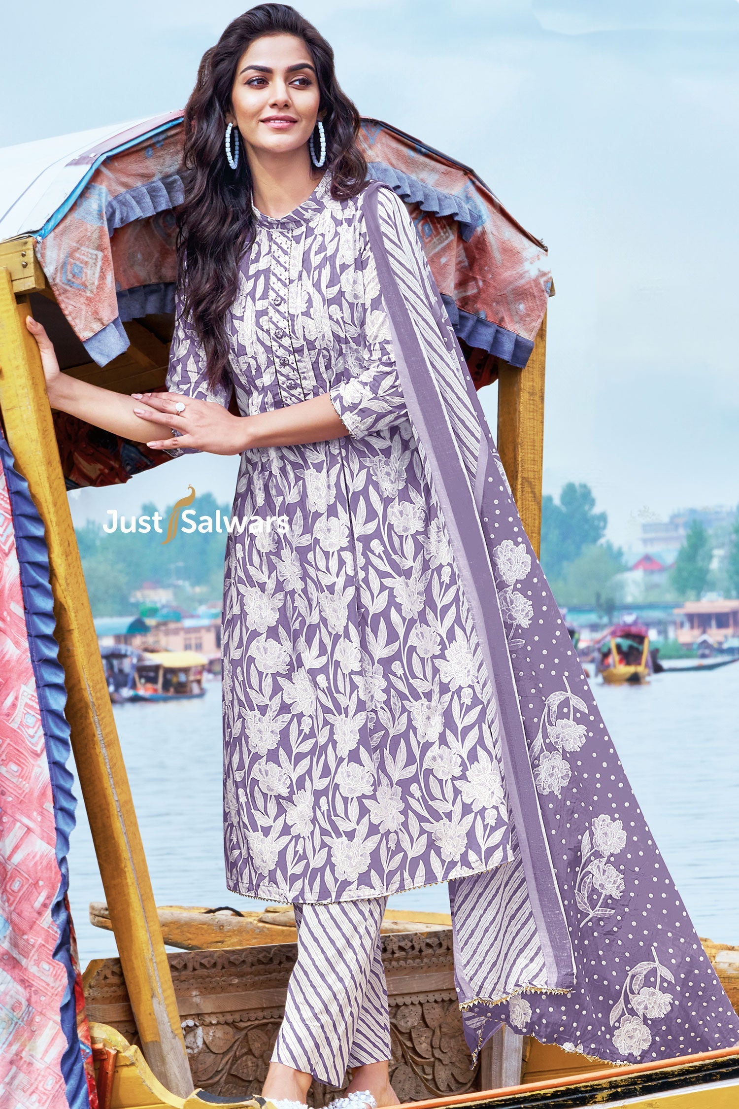 Purple Color Cotton Suit Set - Dress Material - Just Salwars