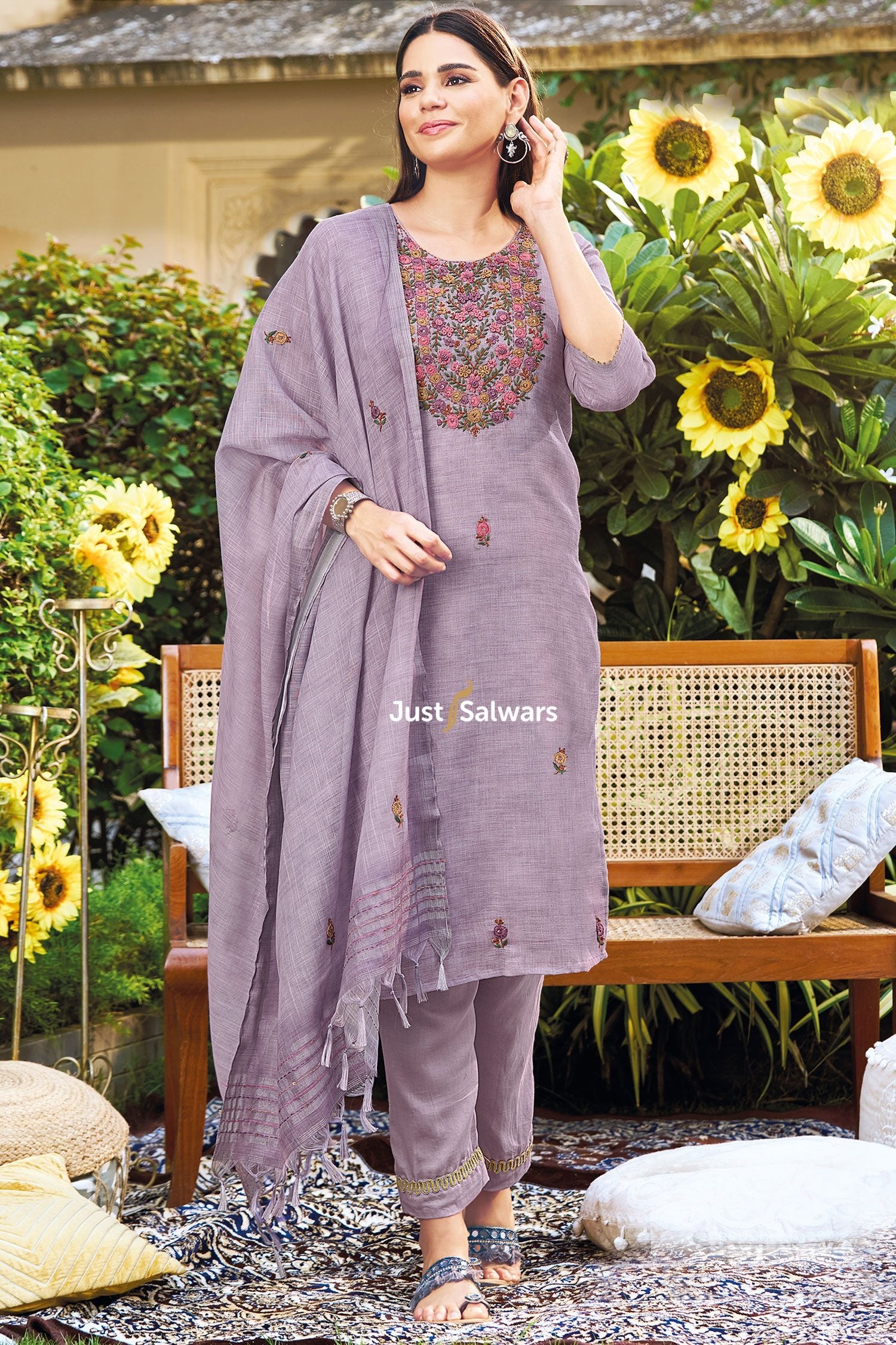 Purple Color Linen Cotton Dress Material - Dress Material - Just Salwars