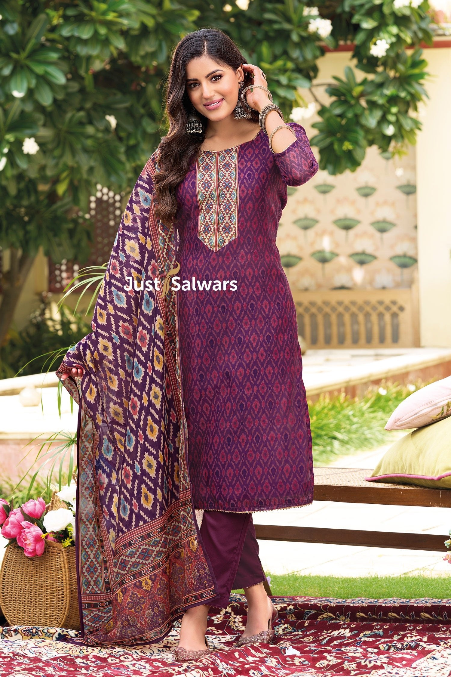 Purple Color Silk Cotton Dress Material - Dress Material - Just Salwars