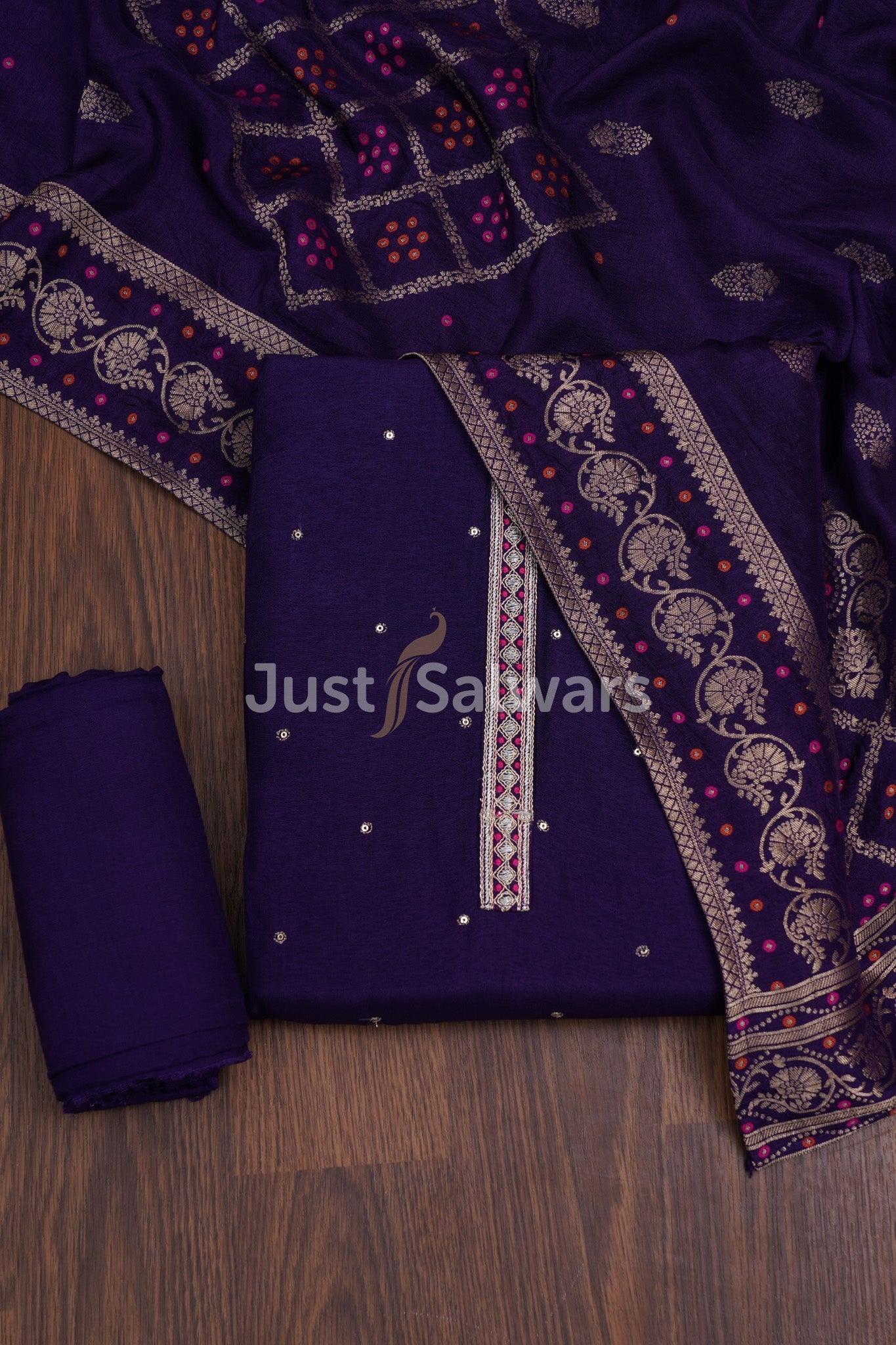 Purple Colour Silk Cotton Dress Material - Dress Material - Just Salwars