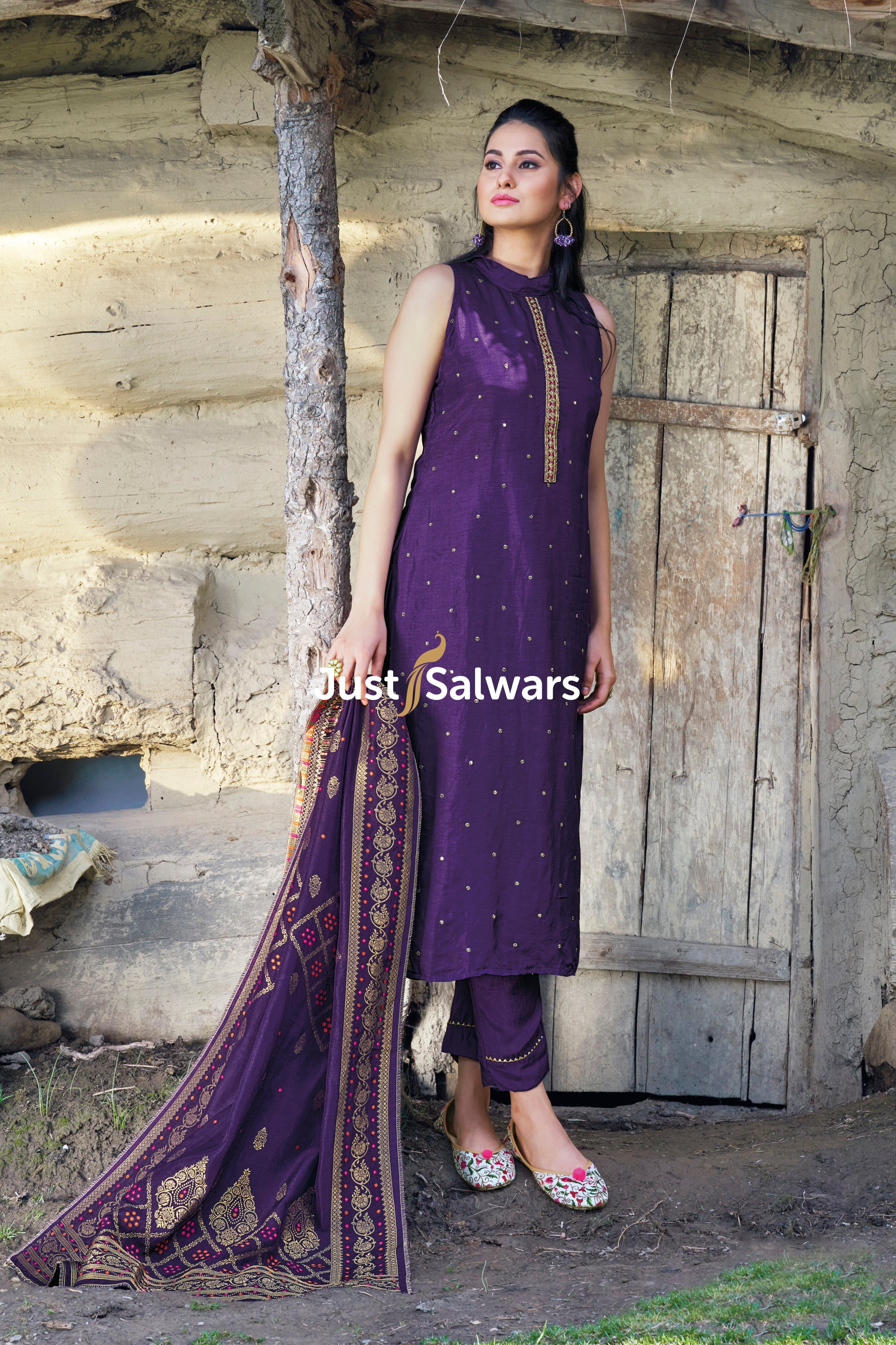 Purple Colour Silk Cotton Dress Material - Dress Material - Just Salwars