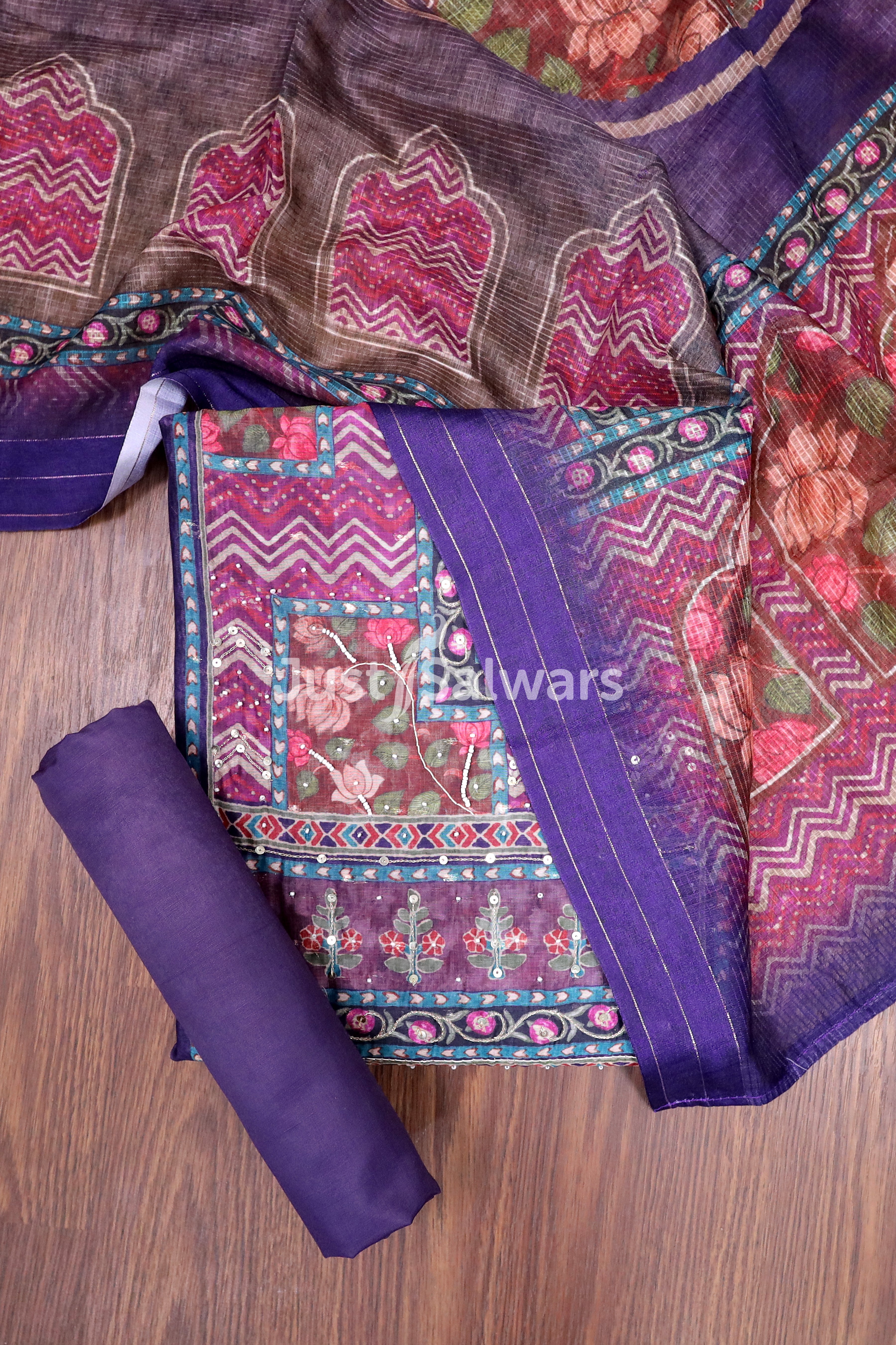 Purple Colour Unstitched Dress Material - Dress Material - Just Salwars