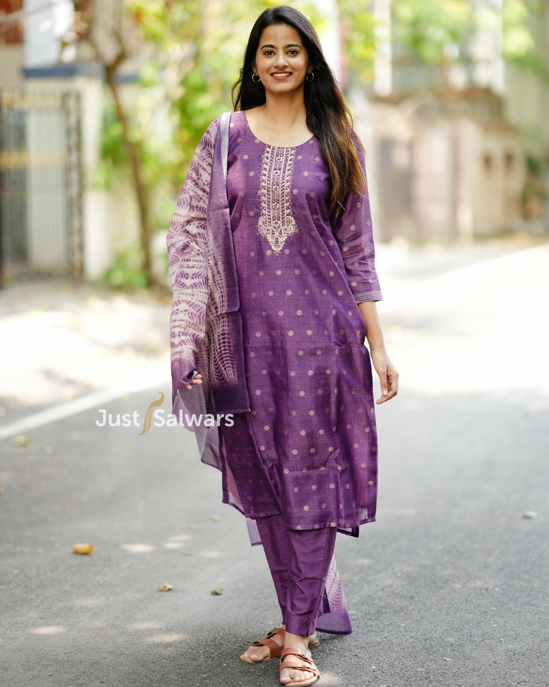 Purple Silk Cotton Salwar Suit with Embroidery - Salwar Suit - Just Salwars