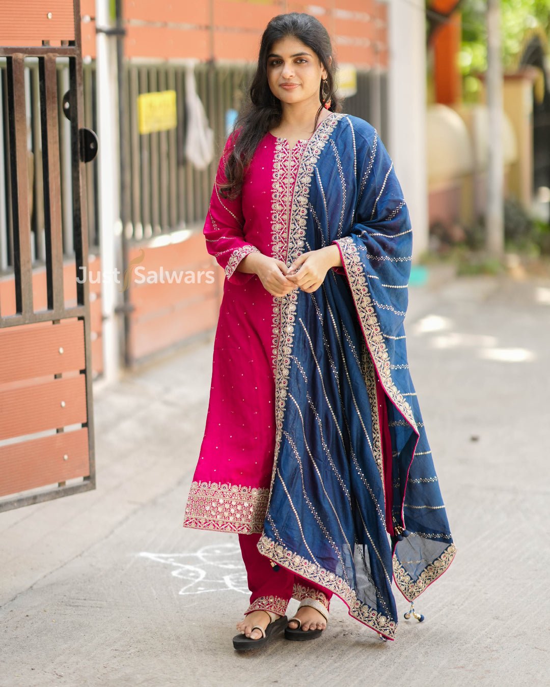 Rani Pink Kurta Set with Navy Blue Dupatta - Salwar Suit - Just Salwars