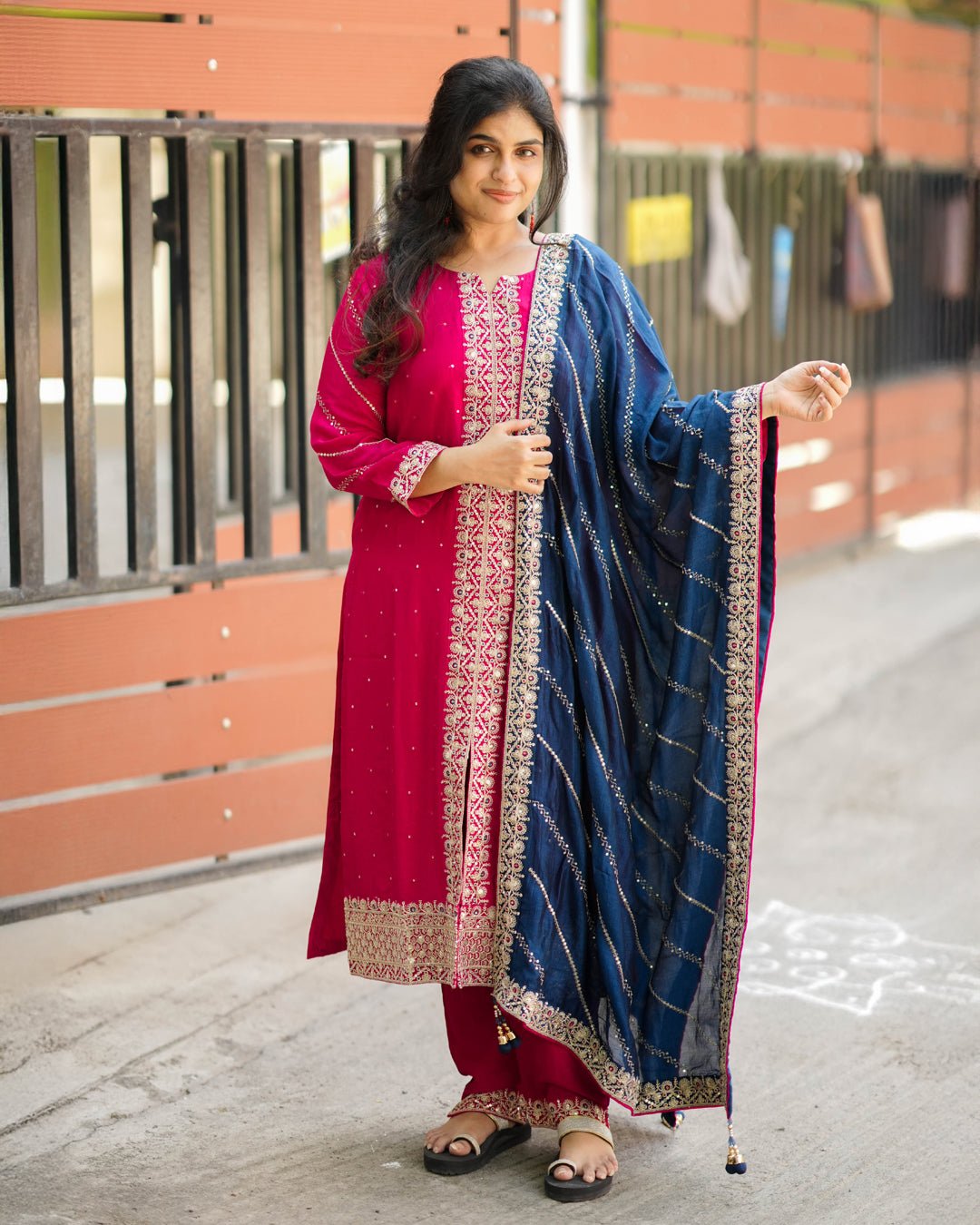 Rani Pink Kurta Set with Navy Blue Dupatta - Salwar Suit - Just Salwars