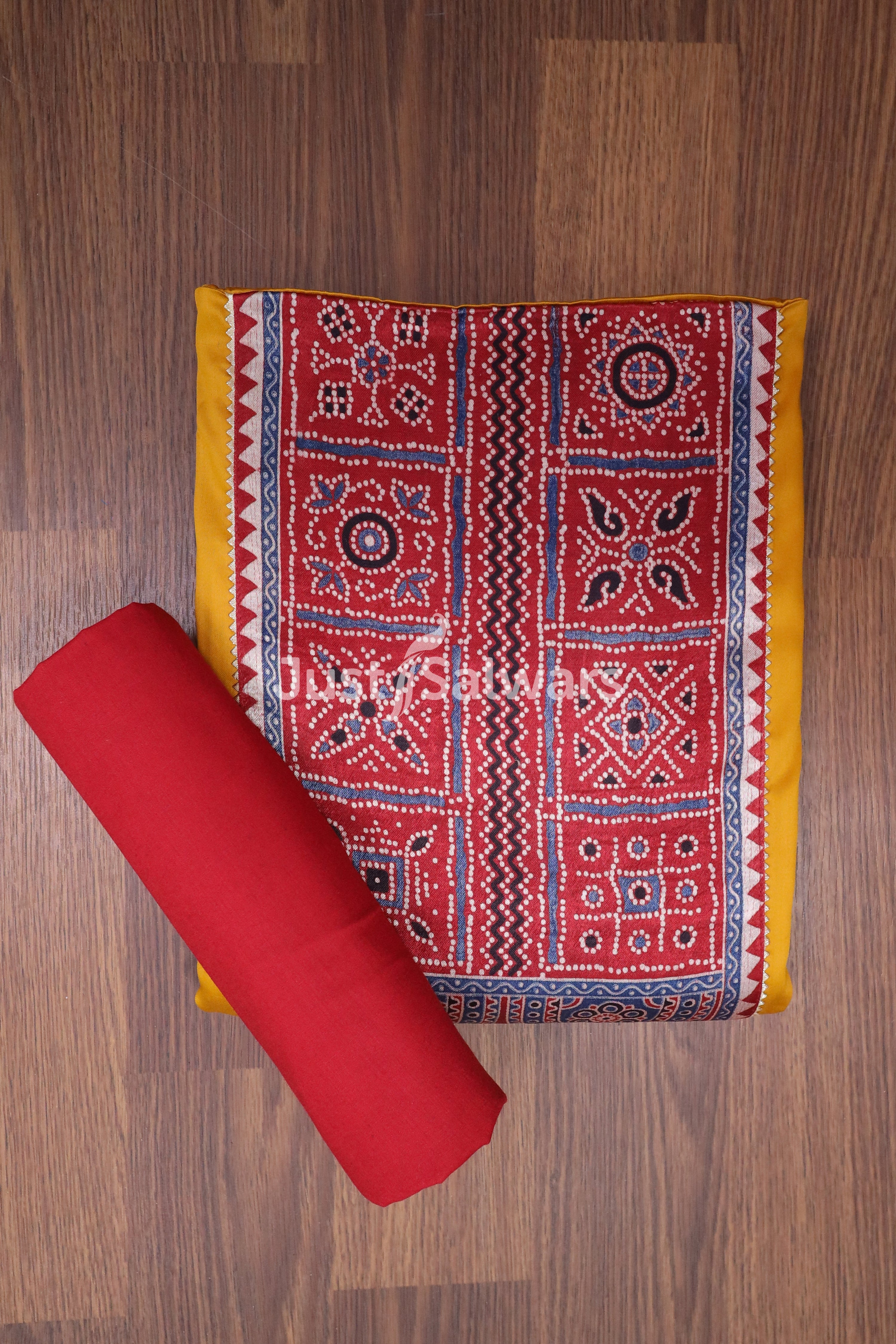 Red And Yellow Colour Cotton Unstitched Dress Material - Dress Material - Just Salwars