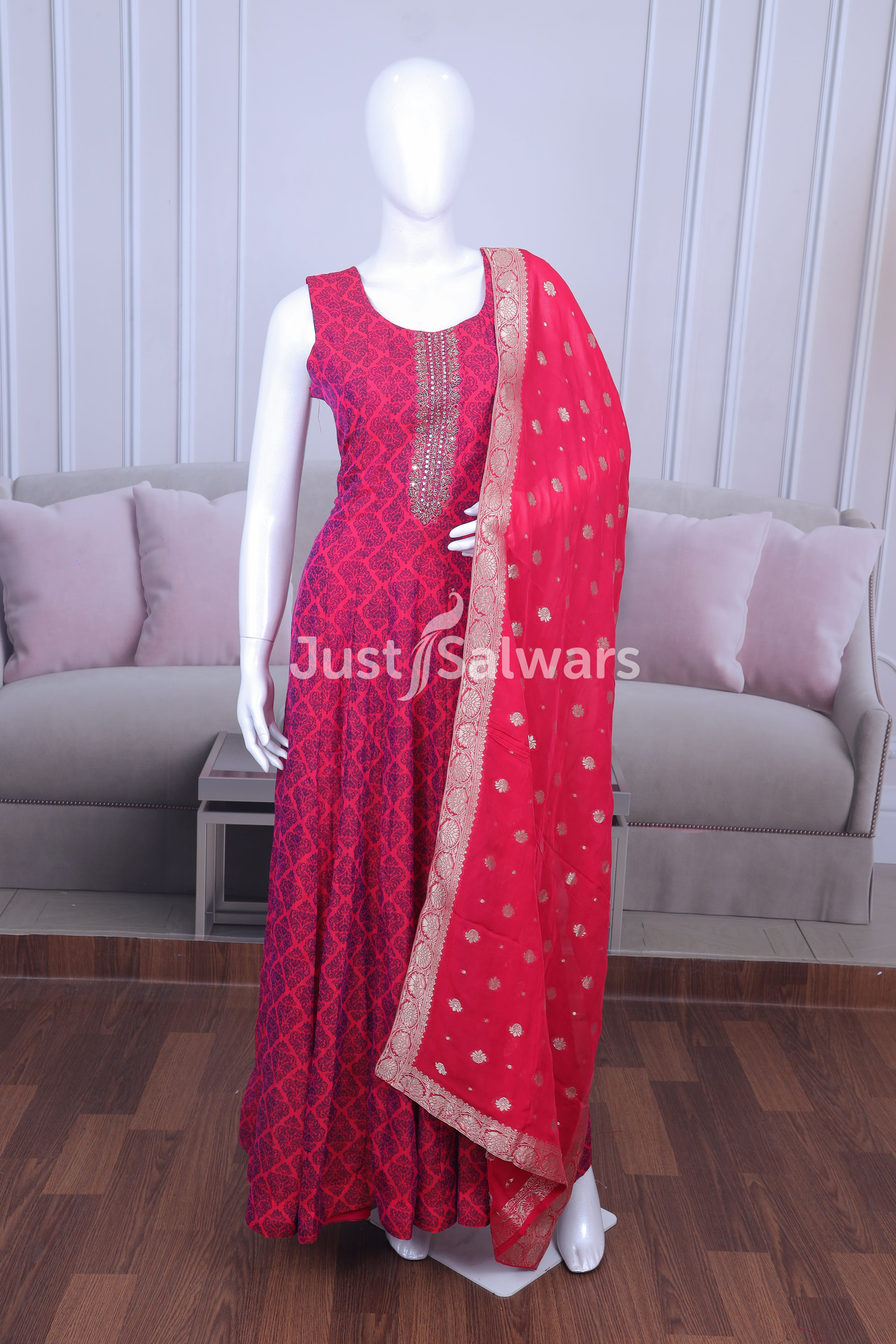 Red Color Anarkali Suit Set - Anarkali - Just Salwars