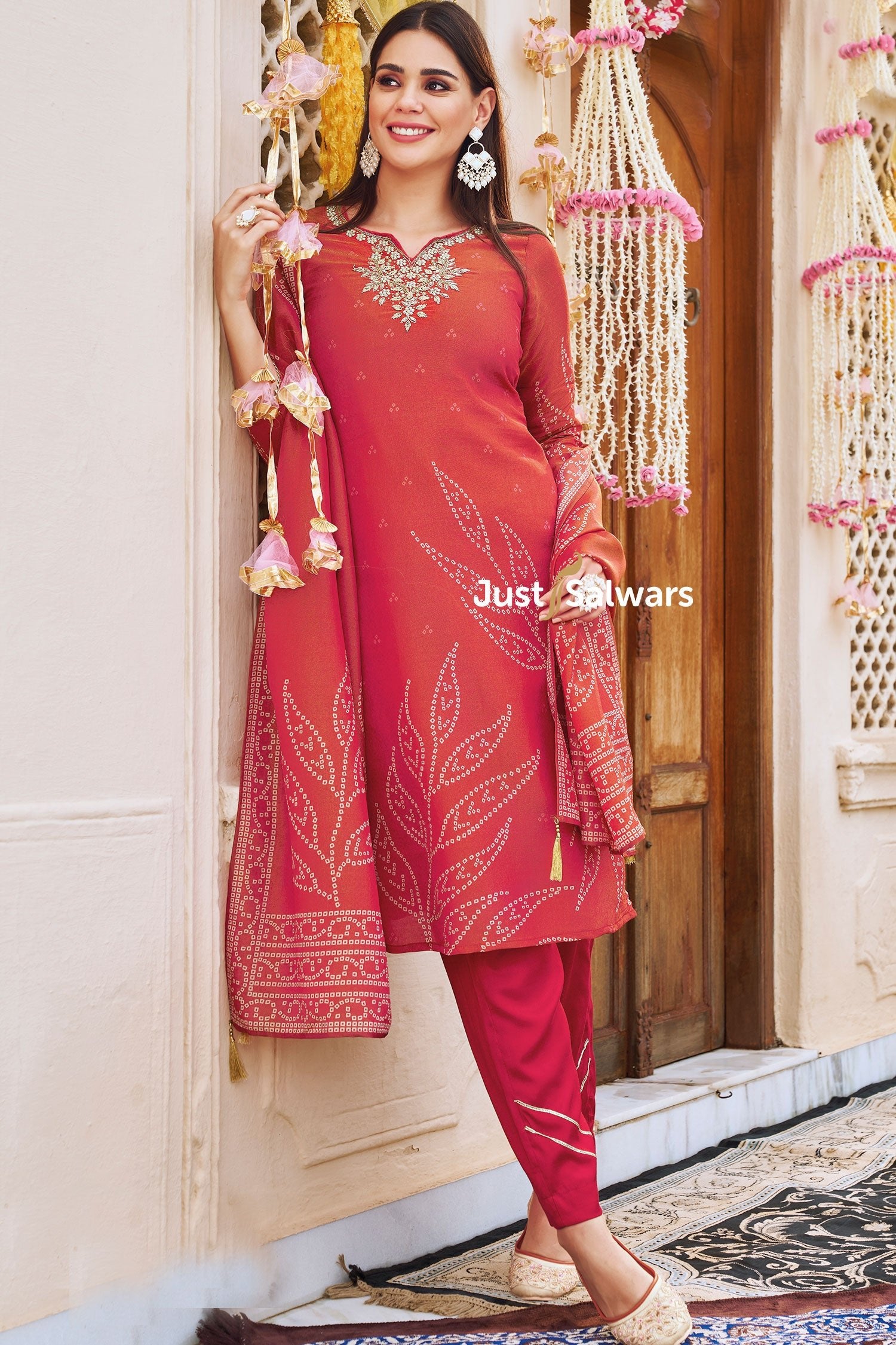 Red Color Muslin Dress material - Dress Material - Just Salwars