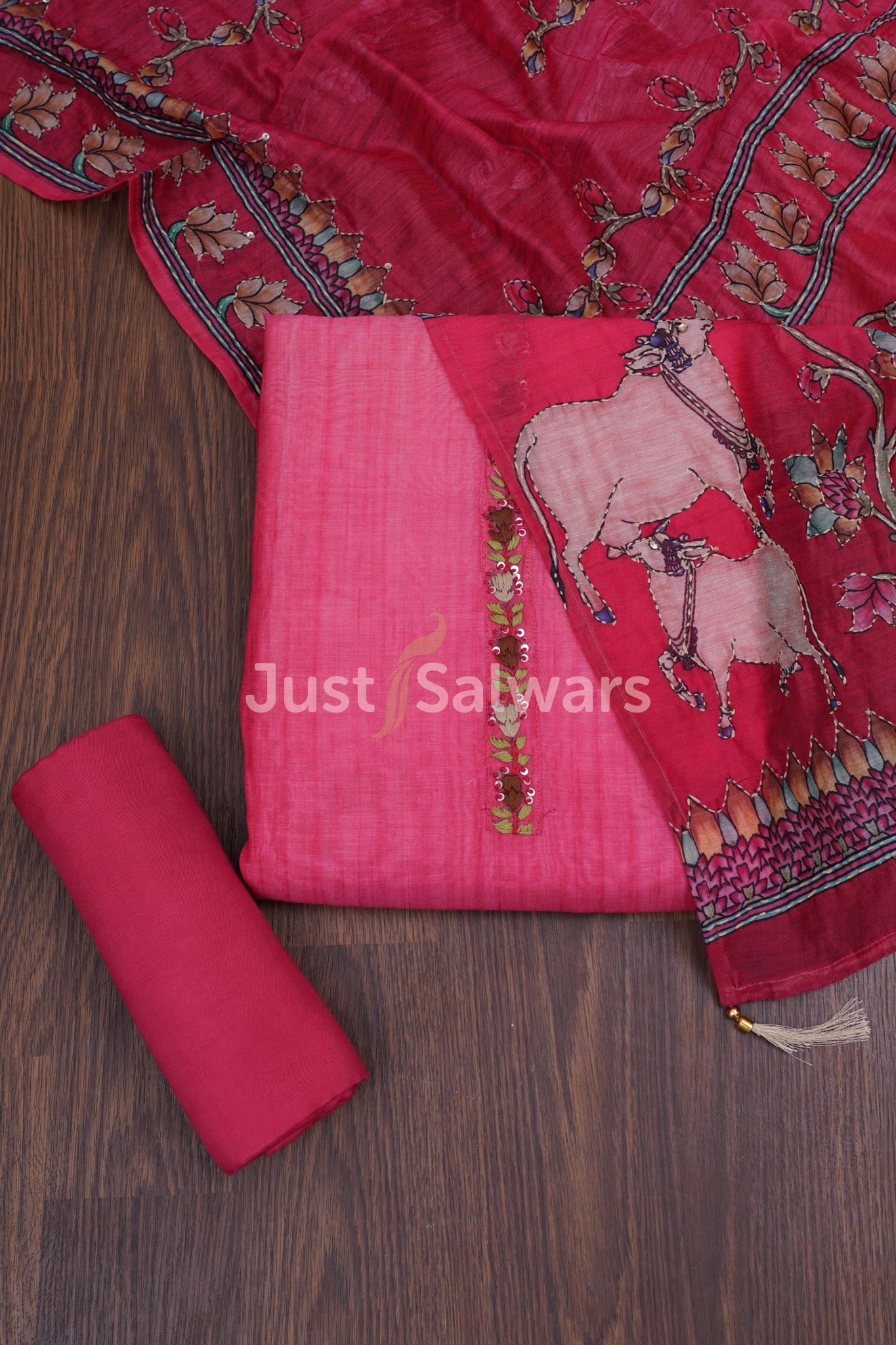 Red Color Silk Cotton Dress Material - Dress Material - Just Salwars