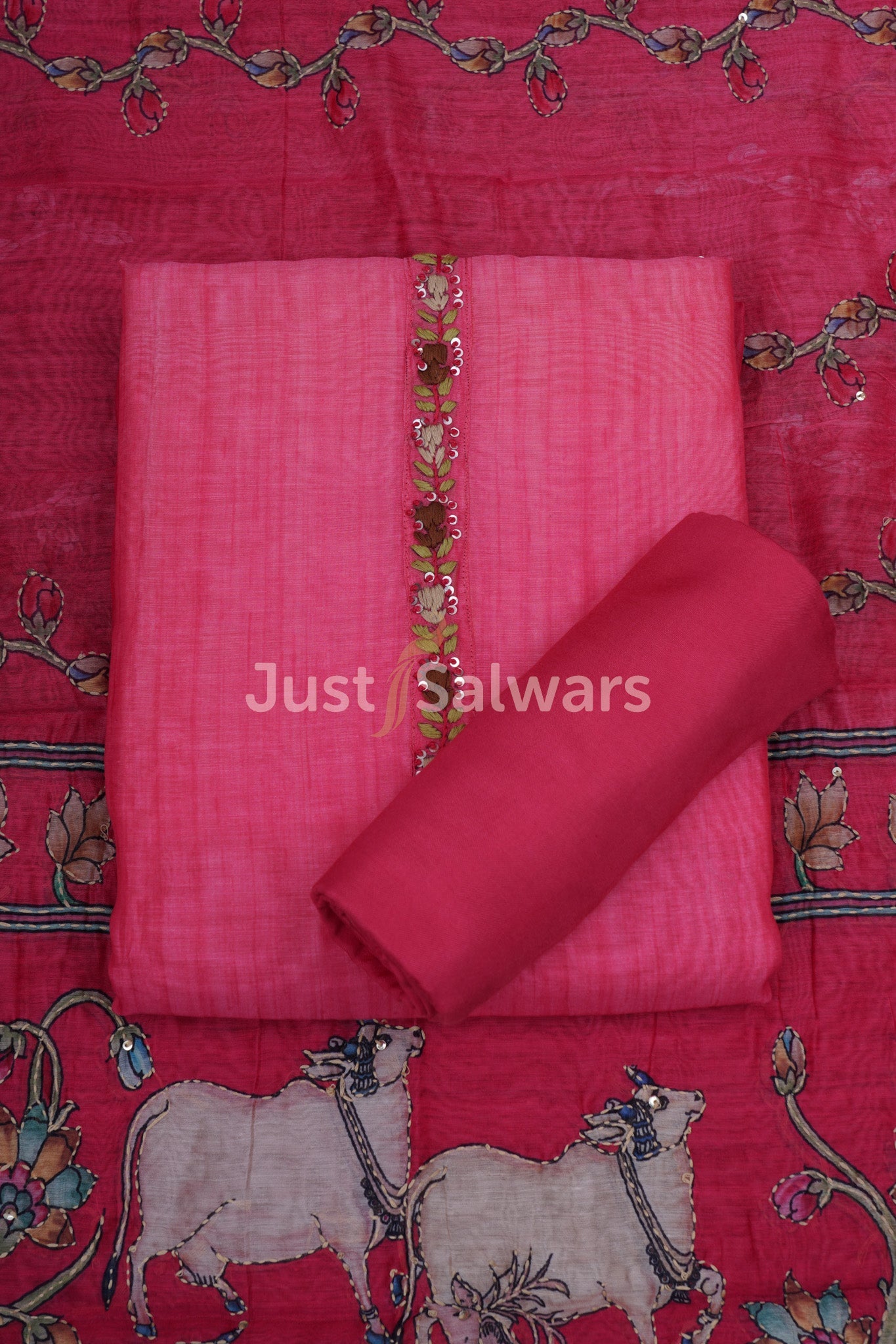 Red Color Silk Cotton Dress Material - Dress Material - Just Salwars