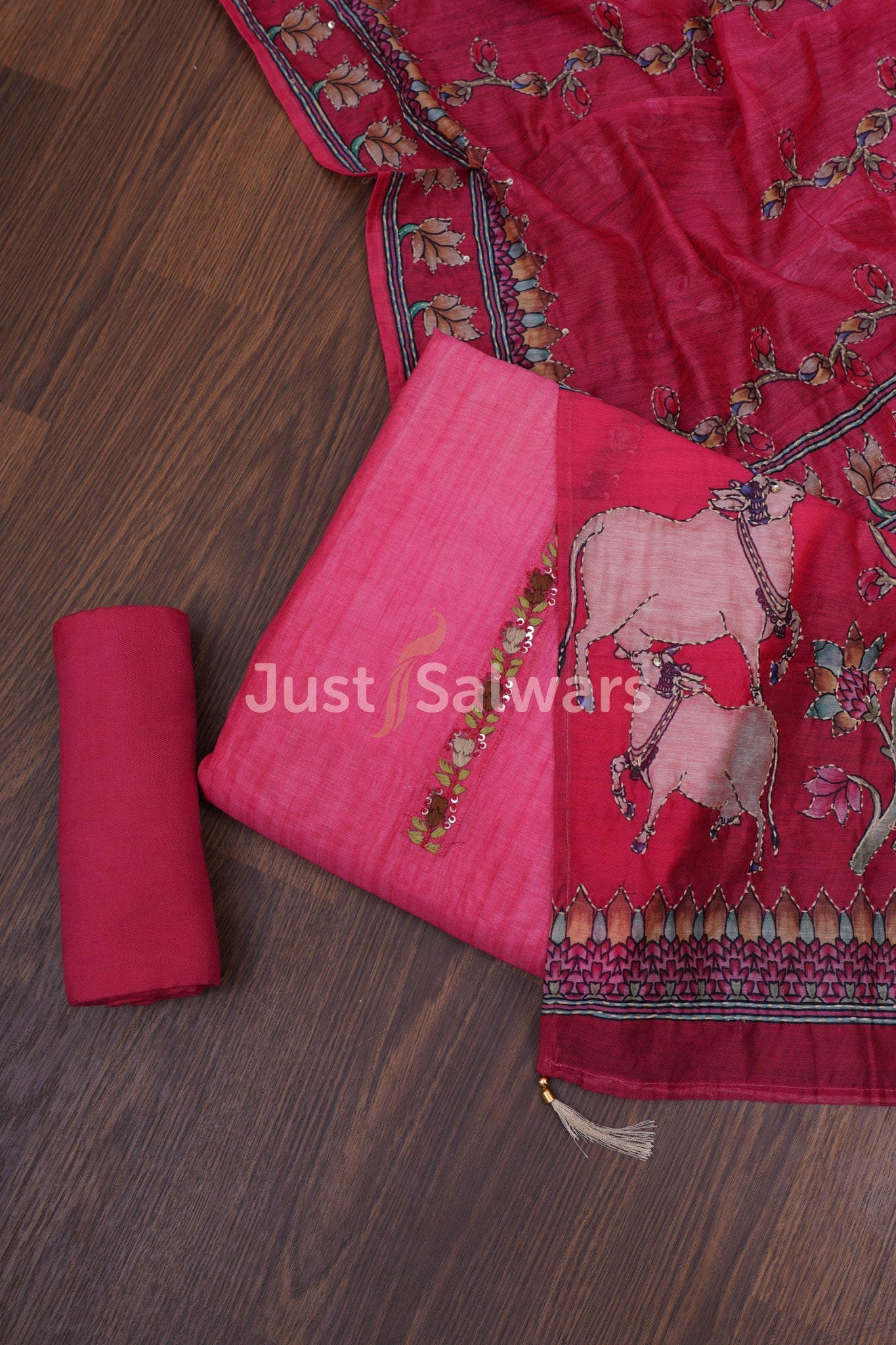 Red Color Silk Cotton Dress Material - Dress Material - Just Salwars