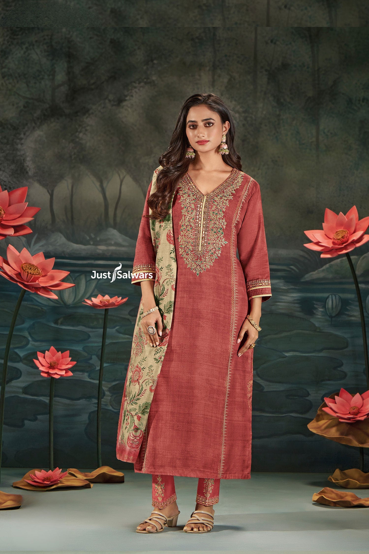 Rust Silk Salwar Suit Set with Embroidered Neckline & Printed Dupatta - Salwar Suit - Just Salwars