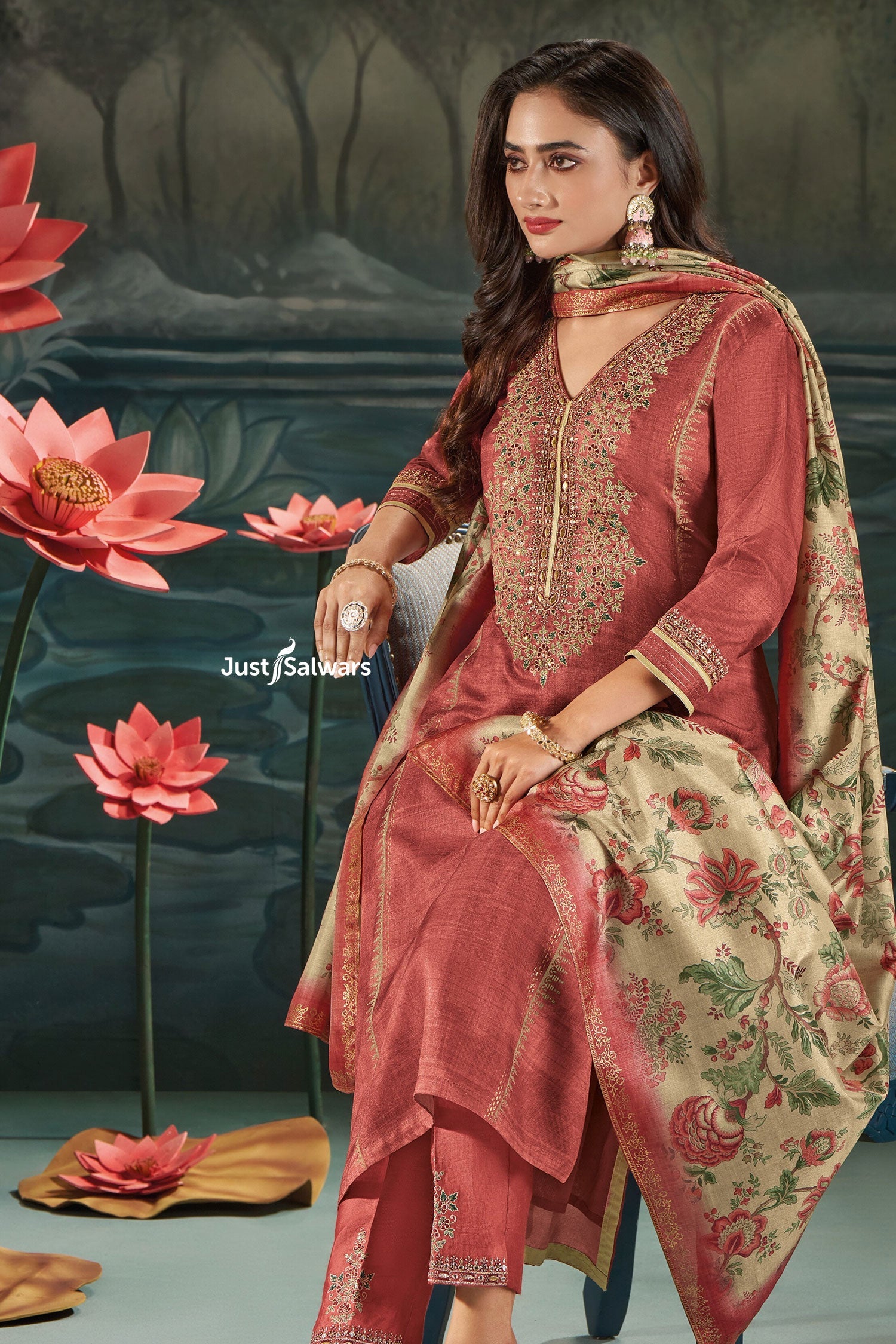 Rust Silk Salwar Suit Set with Embroidered Neckline & Printed Dupatta - Salwar Suit - Just Salwars