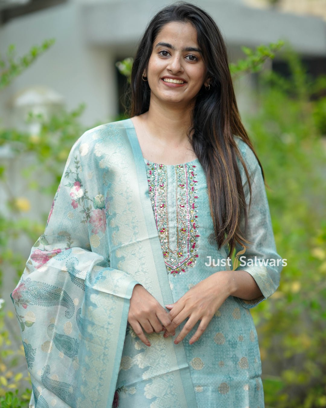 Silk Cotton Suit with Zari Butta and Floral Dupatta - Salwar Suit - Just Salwars