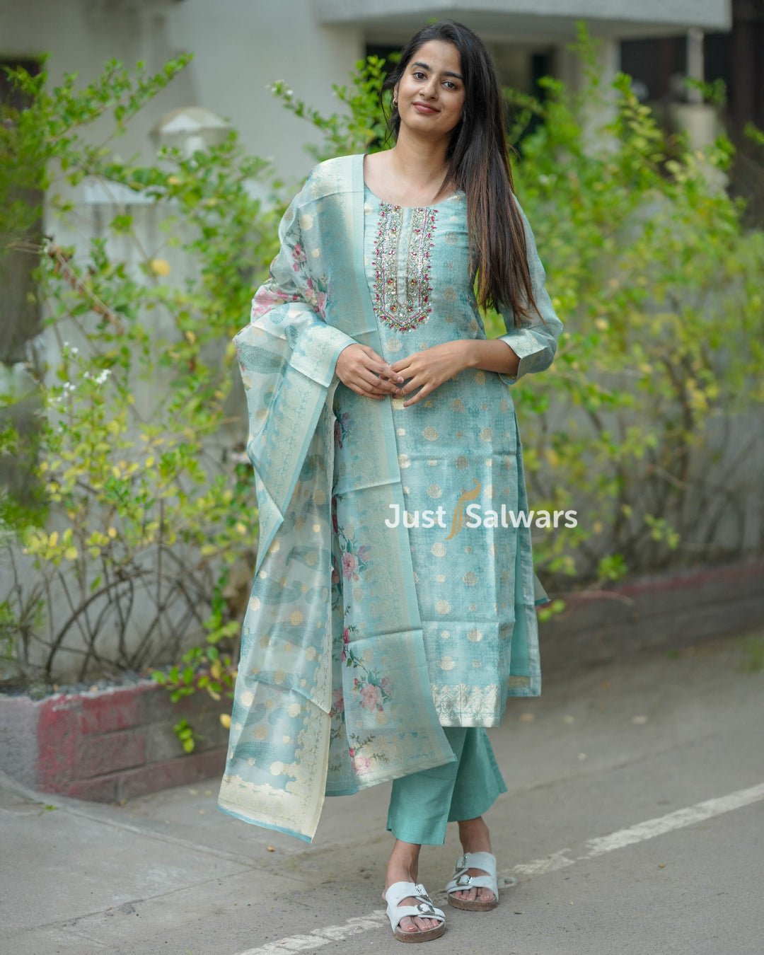 Silk Cotton Suit with Zari Butta and Floral Dupatta - Salwar Suit - Just Salwars