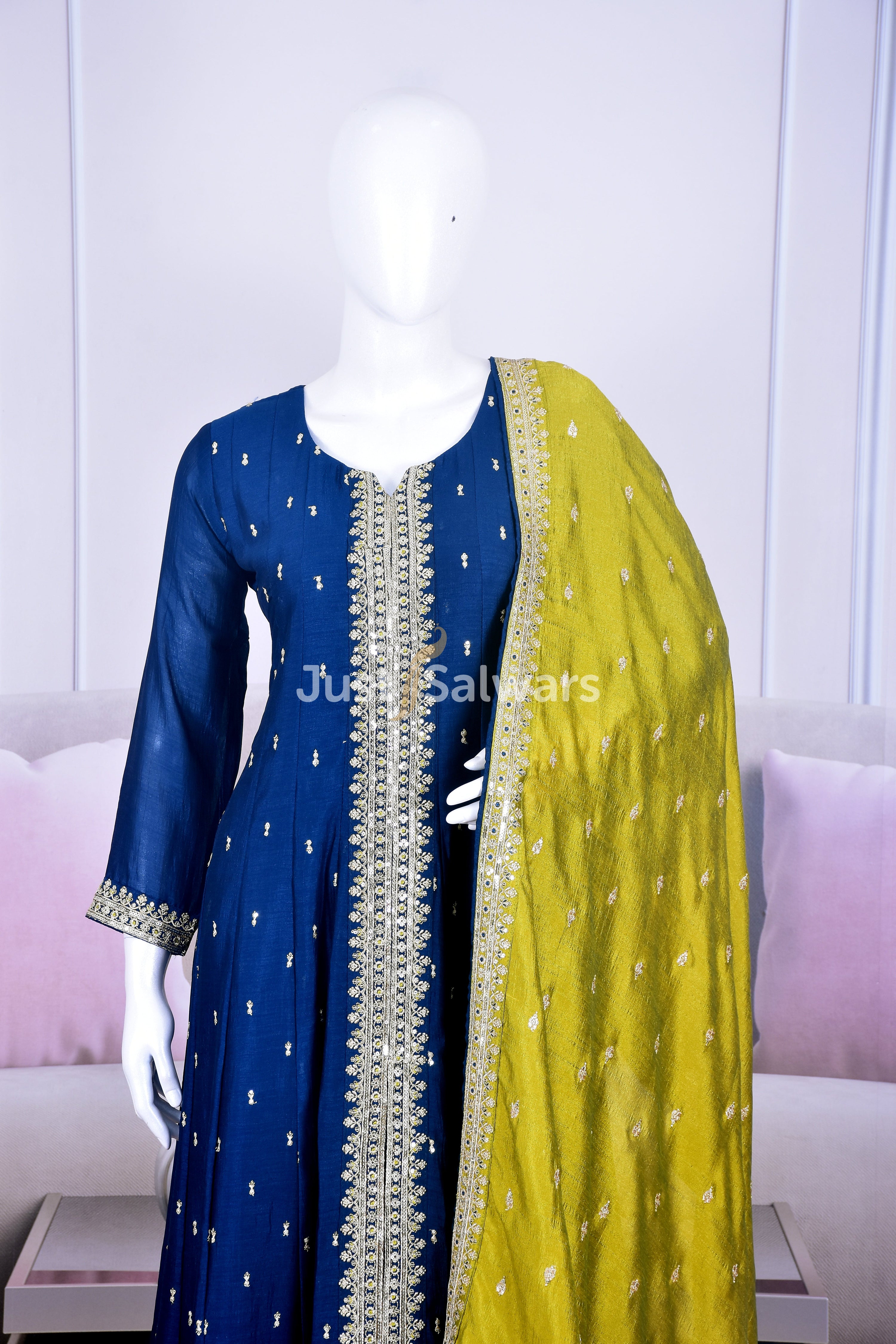 Stunning Blue Silk Anarkali with Sequins and Zari Work - Anarkali - Just Salwars