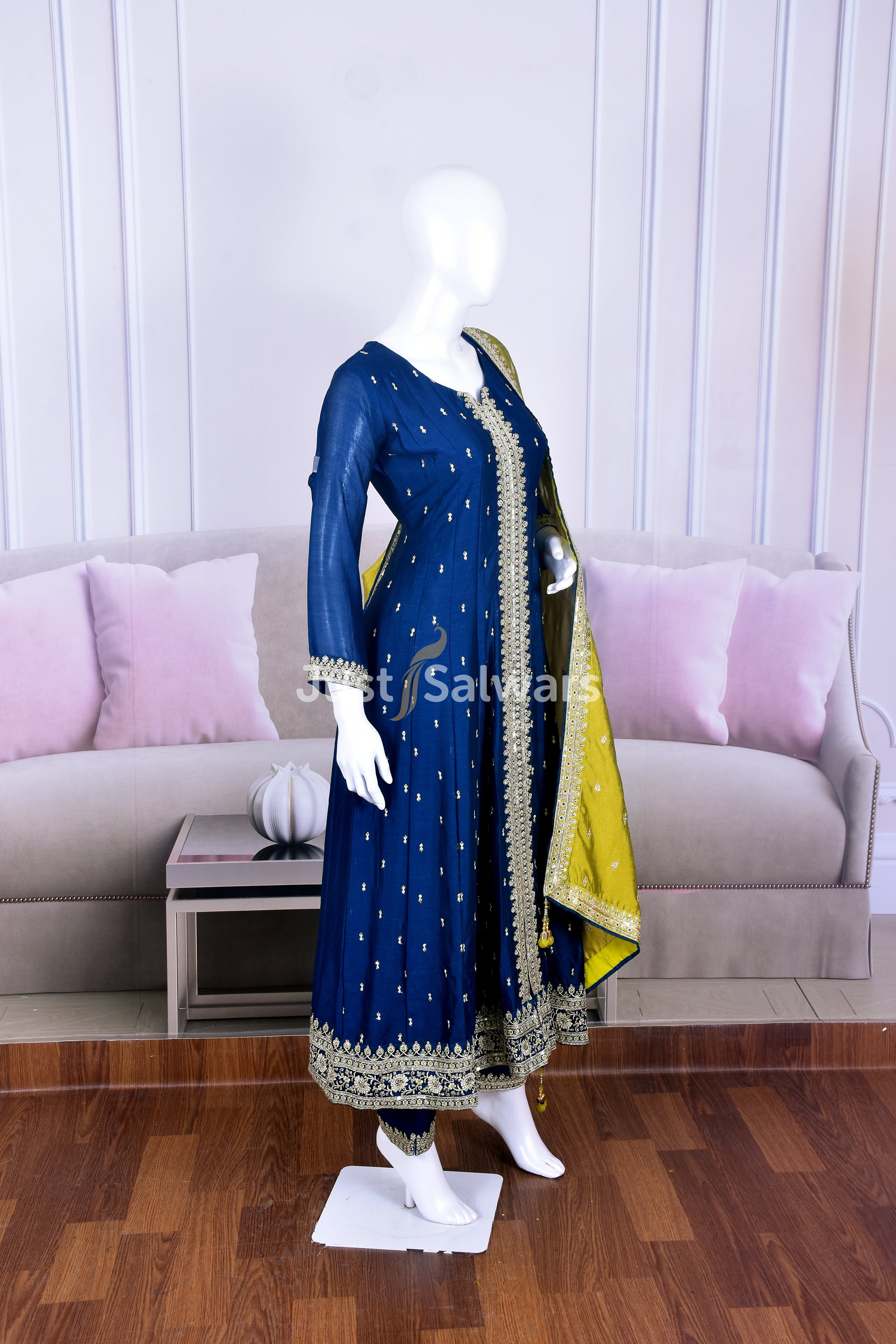 Stunning Blue Silk Anarkali with Sequins and Zari Work - Anarkali - Just Salwars