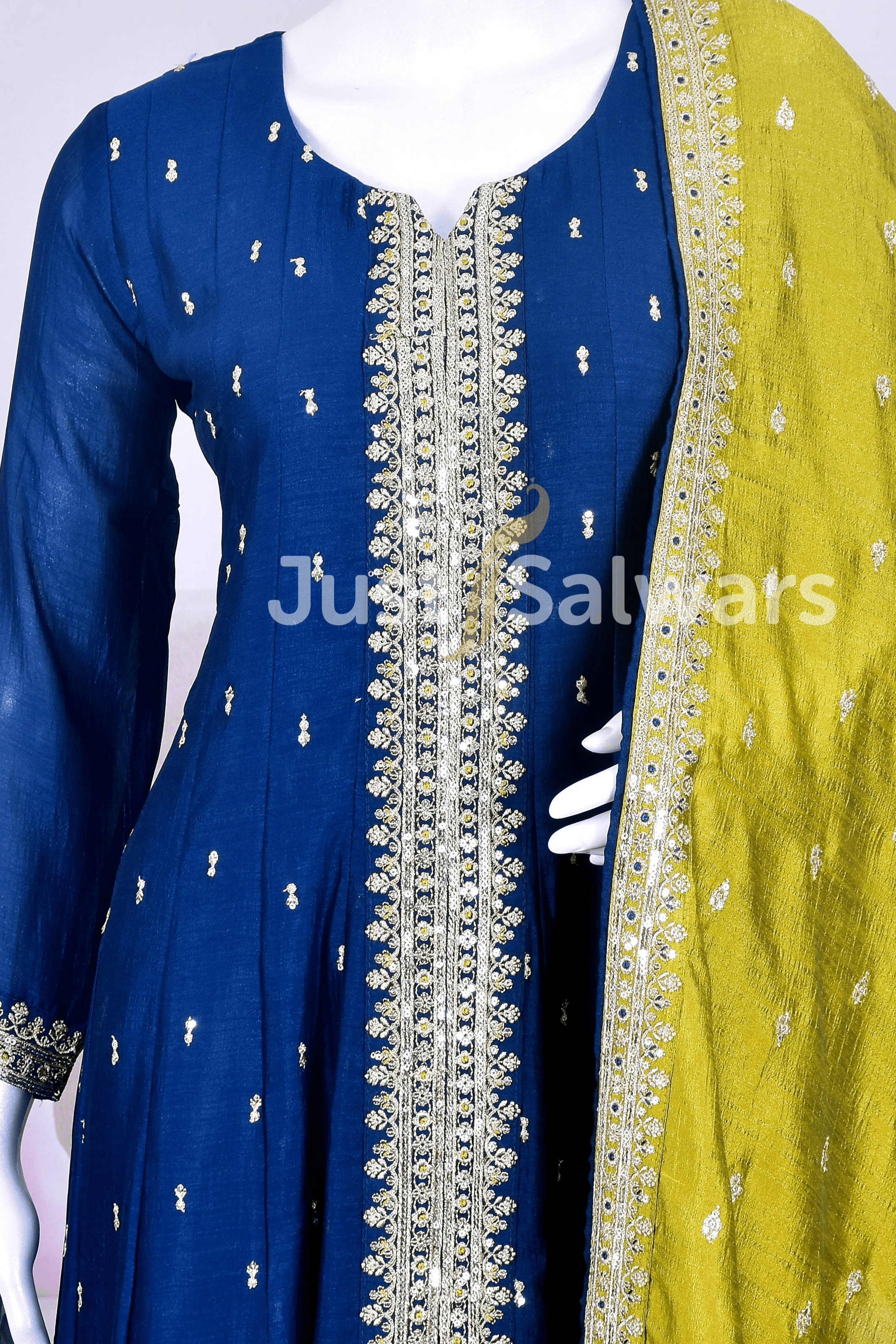 Stunning Blue Silk Anarkali with Sequins and Zari Work - Anarkali - Just Salwars