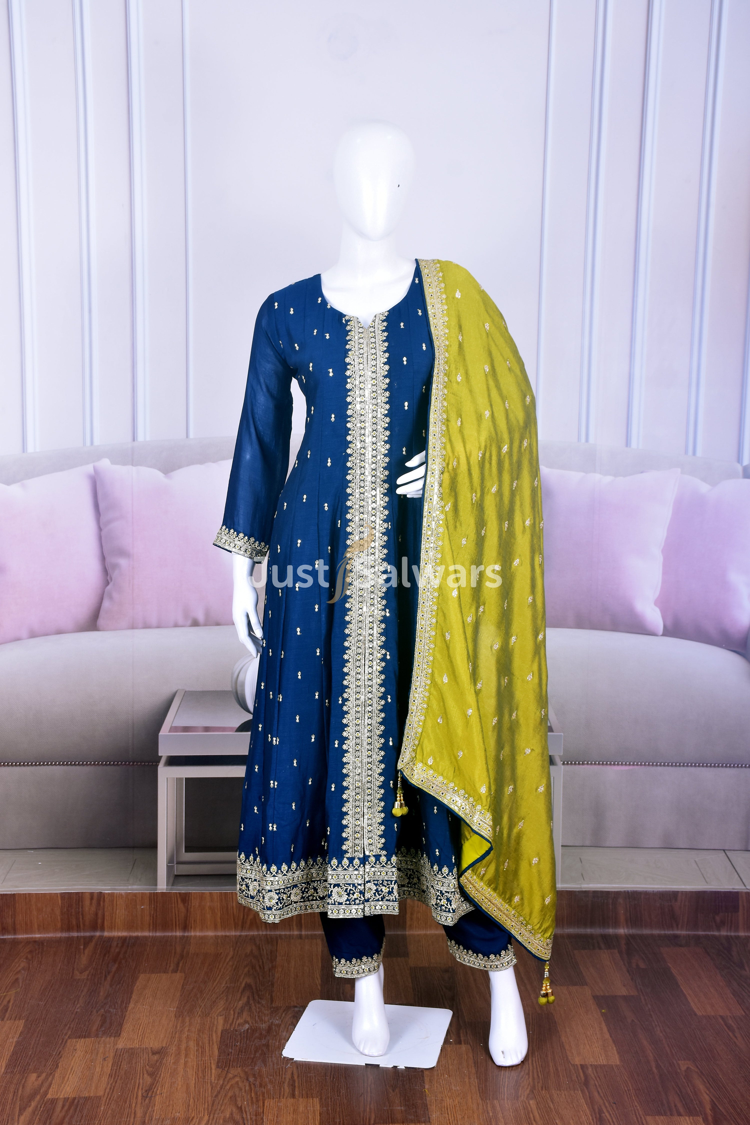 Stunning Blue Silk Anarkali with Sequins and Zari Work - Anarkali - Just Salwars